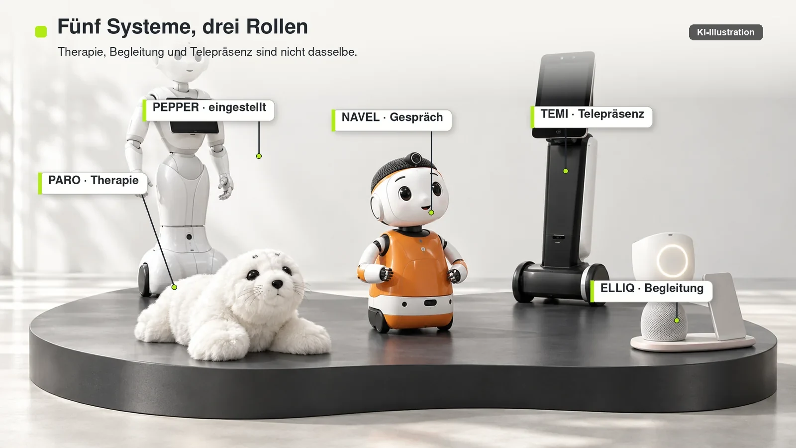 PARO, Pepper, Navel, temi und ElliQ als unterschiedliche Typen sozialer Roboter für Therapie, Gespräch und Telepräsenz.