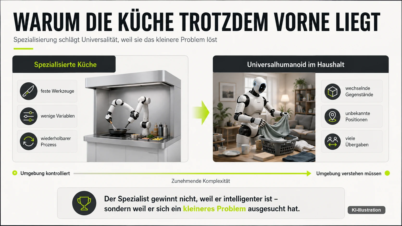 Gegenüberstellung: die spezialisierte Küche mit festen Werkzeugen, wenigen Variablen und wiederholbarem Prozess gegenüber dem Universalhumanoiden mit wechselnden Gegenständen, unbekannten Positionen und vielen Übergaben.
