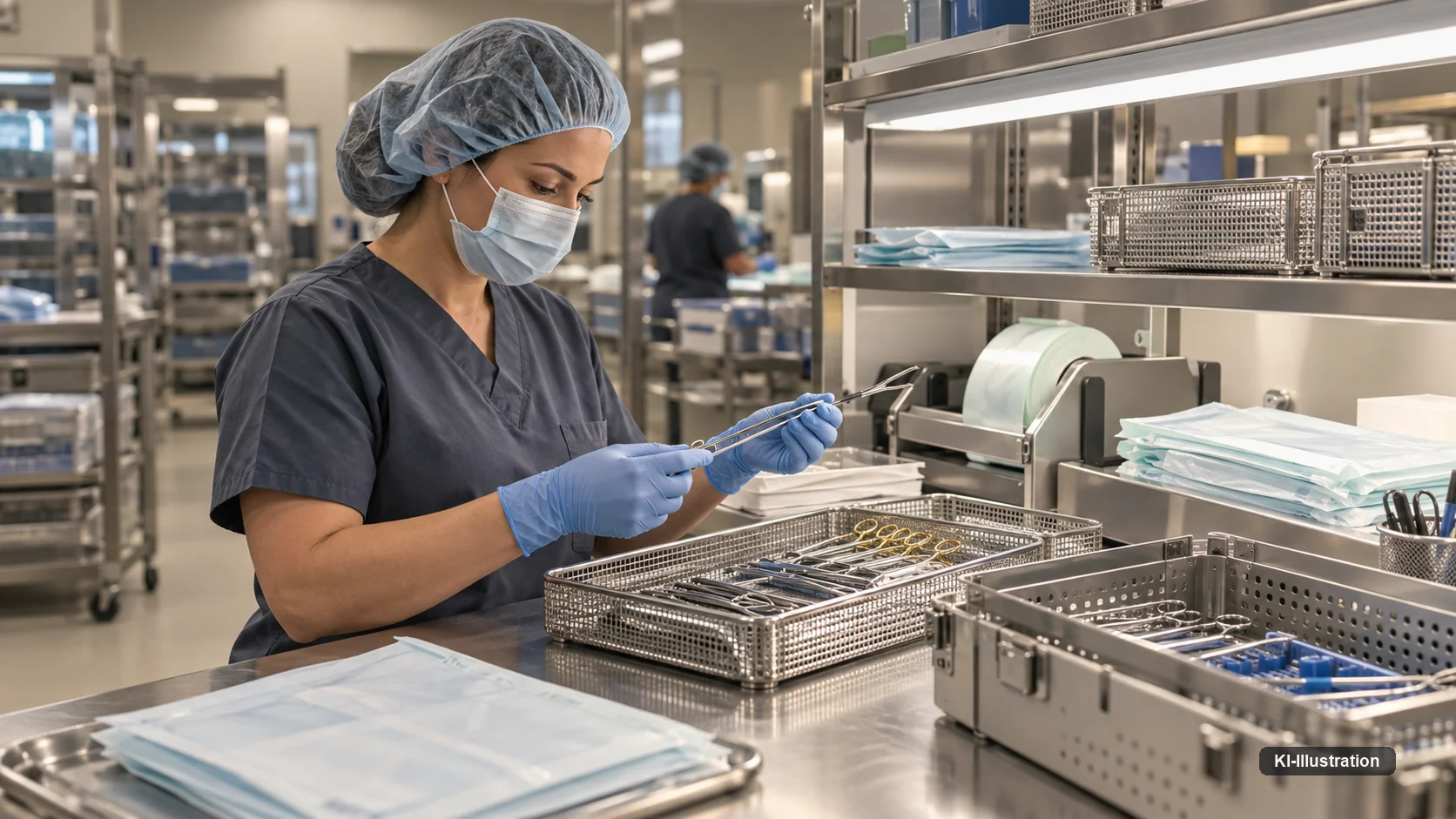 Mitarbeiterin im Packbereich einer Aufbereitungseinheit prüft ein chirurgisches Instrument; vor ihr Siebschalen mit sortierten Instrumenten, daneben Verpackungsmaterial und Containerkörbe.