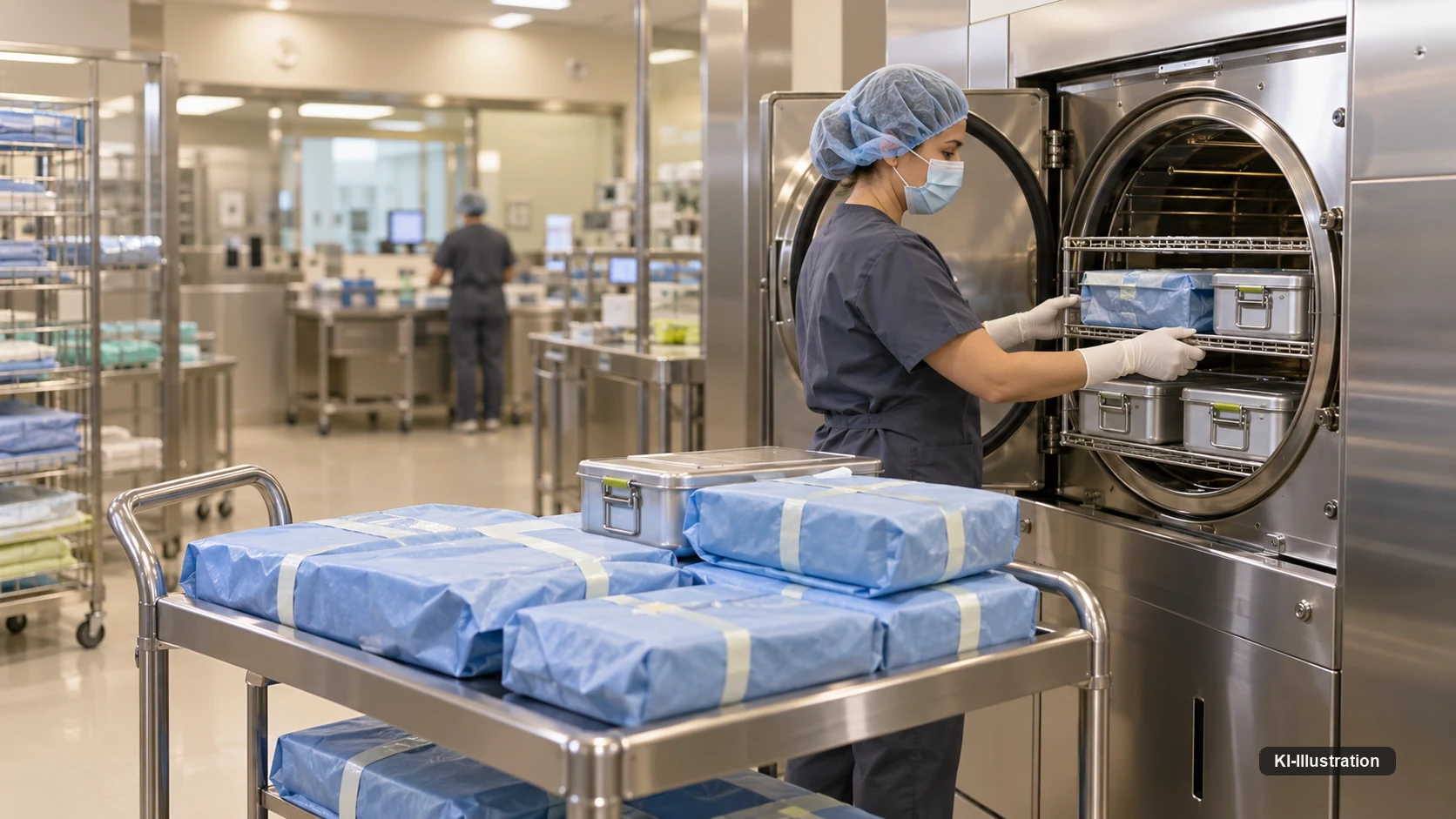 Mitarbeiterin belädt einen Dampfsterilisator mit Containern und verpackten Instrumentensets; auf dem Wagen davor liegen weitere in Vlies eingeschlagene und mit Indikatorband verschlossene Sets.