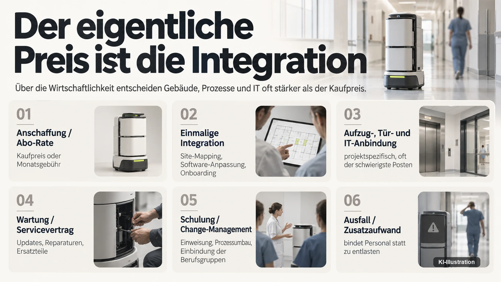 Sechs Kostenposten eines Krankenhausroboters: Anschaffung oder Abo-Rate, einmalige Integration mit Site-Mapping und Onboarding, Aufzug-, Tür- und IT-Anbindung, Wartung und Servicevertrag, Schulung und Change-Management sowie Ausfall und Zusatzaufwand.
