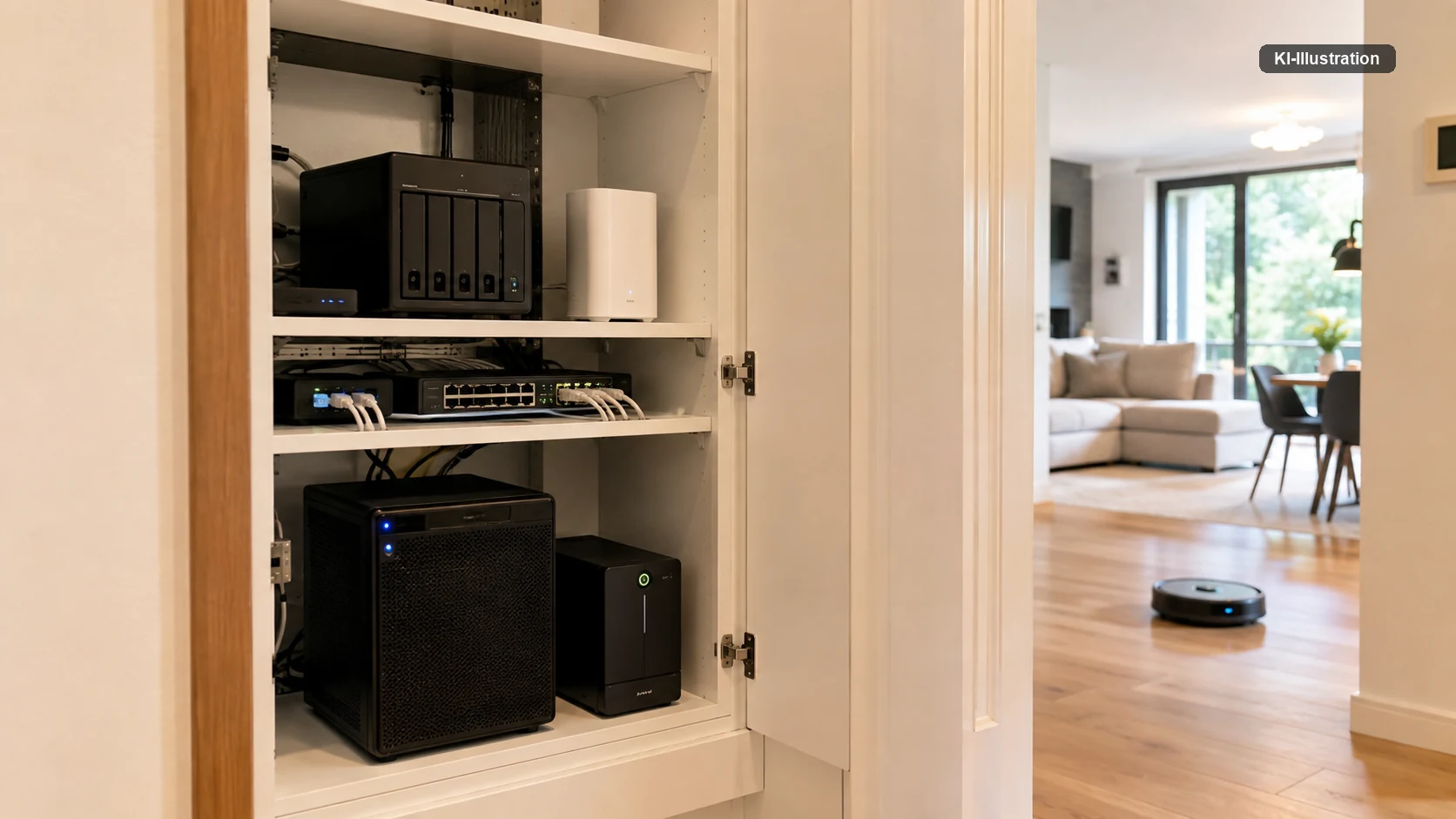 Ein geöffneter Einbauschrank enthält ein Netzwerkspeichergerät, einen Switch mit gesteckten Netzwerkkabeln, einen Rechner und eine unterbrechungsfreie Stromversorgung.