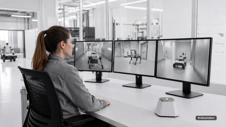 Operator an einem Leitstand mit Bildschirmen, im Hintergrund ein mobiler Roboter im Betrieb.