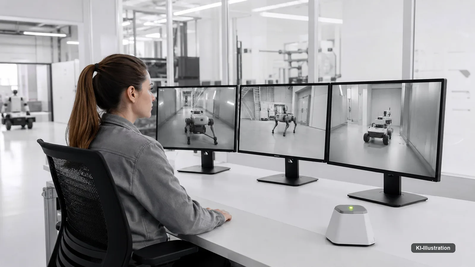 Operator an einem Leitstand mit Bildschirmen, im Hintergrund ein mobiler Roboter im Betrieb.