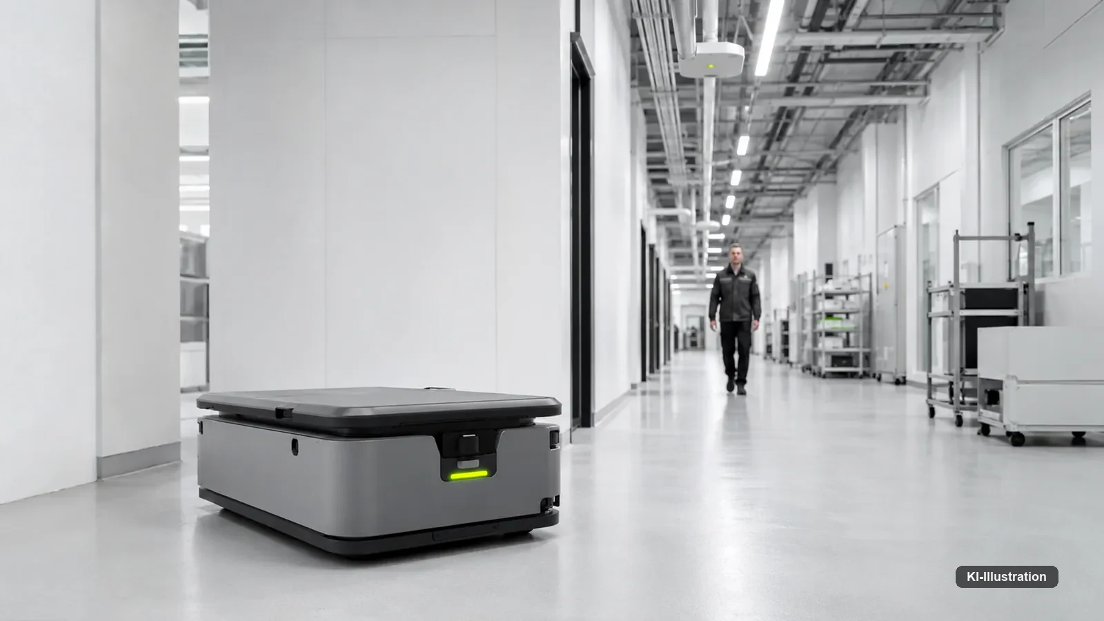 Netzwerktechnik in einem Serverschrank, davor eine Verbindungsstrecke zu einem mobilen Roboter.