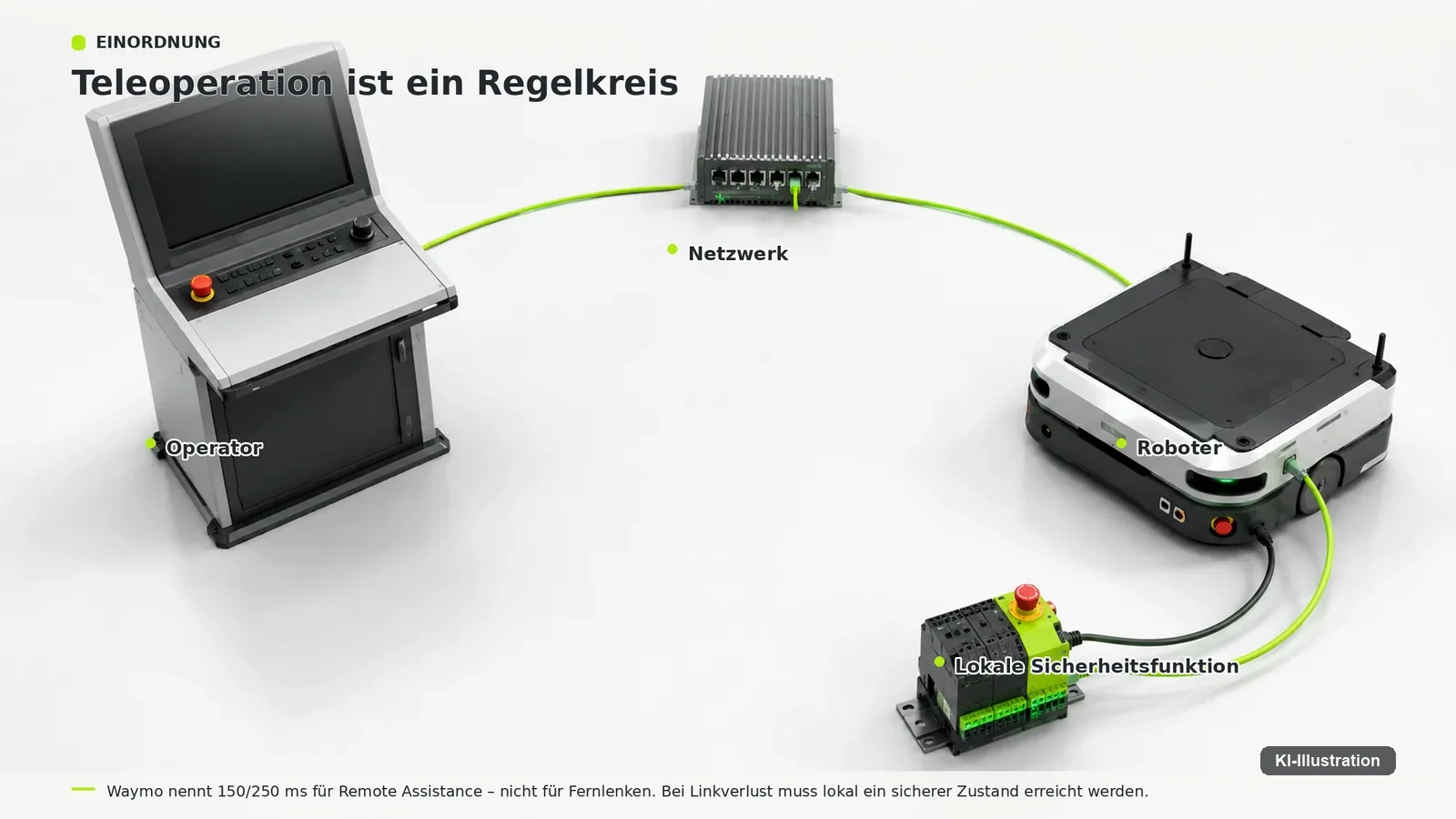 Regelkreis aus Operator, Netzwerk, Roboter und lokaler Sicherheitsfunktion als geschlossene Schleife.