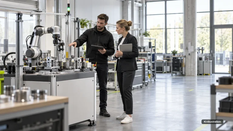 Zwei Personen mit Tablet begutachten einen Roboterarm auf einem Transportwagen in einer Werkstatt.