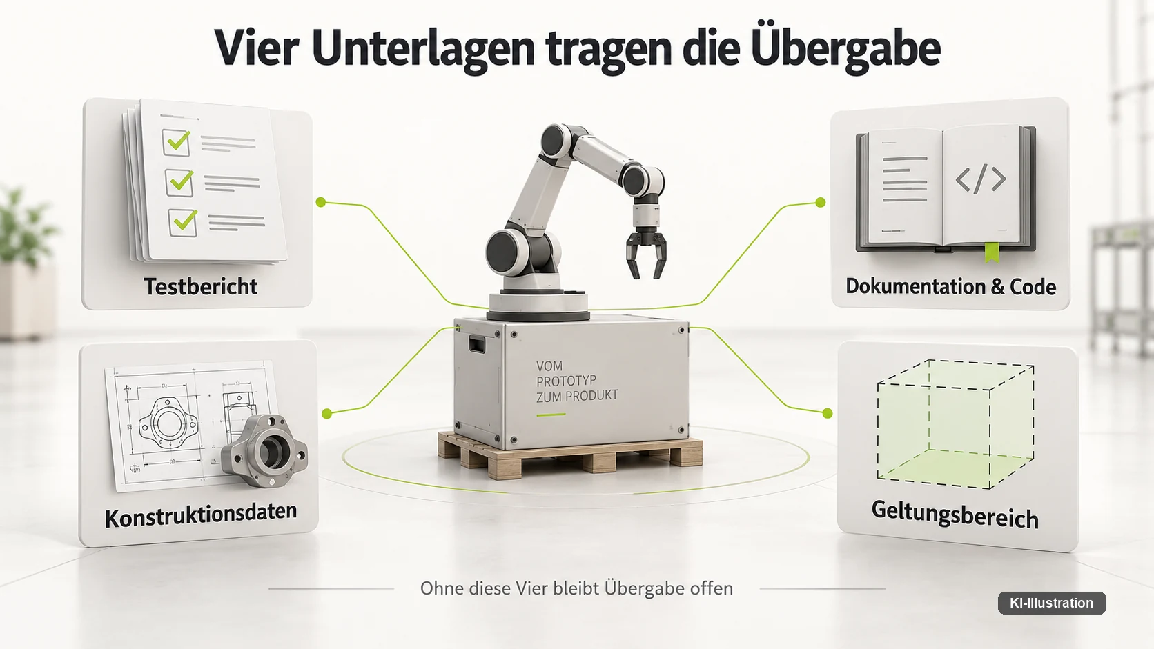 Eine Uebergabe traegt sich auf vier Unterlagen — Testbericht, Dokumentation und Code, Konstruktionsdaten, Geltungsbereich — nicht auf dem funktionierenden Prototyp allein.
