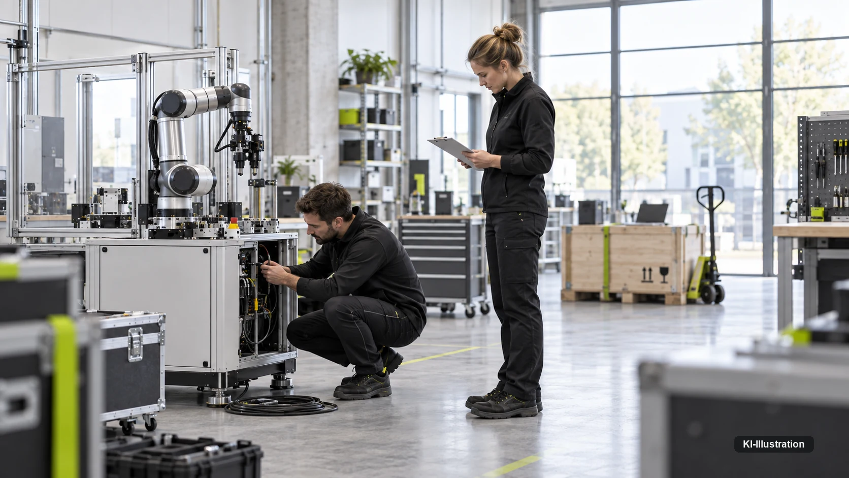 Zwei Techniker bei einem Roboterarm auf einem Transportwagen neben einer Holzkiste.