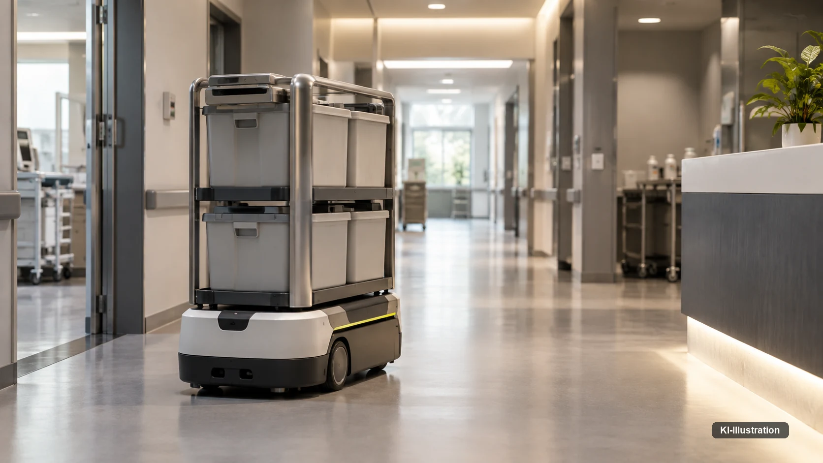 Autonomer Transportroboter mit zwei Ebenen Materialboxen steht in einem hellen Klinikflur, im Hintergrund Stationswagen und ein Stützpunkt.