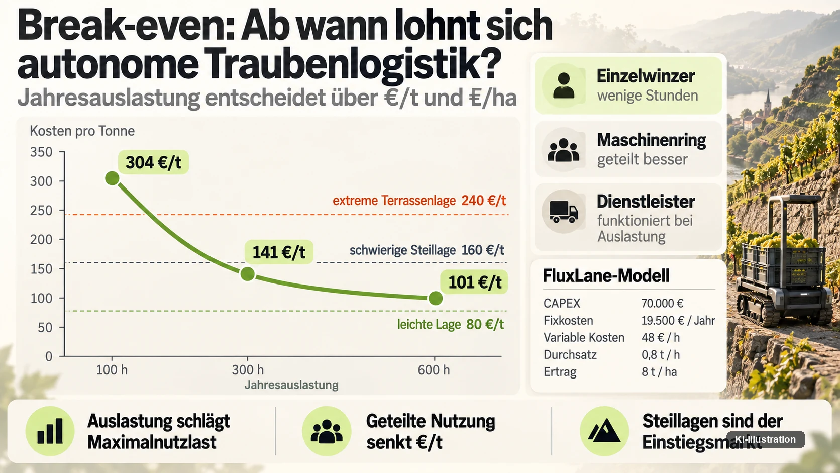 Break-even-Grafik für autonome Traubenlogistik mit Kosten pro Tonne bei 100, 300 und 600 produktiven Jahresstunden sowie Vergleichslinien für Lagetypen.