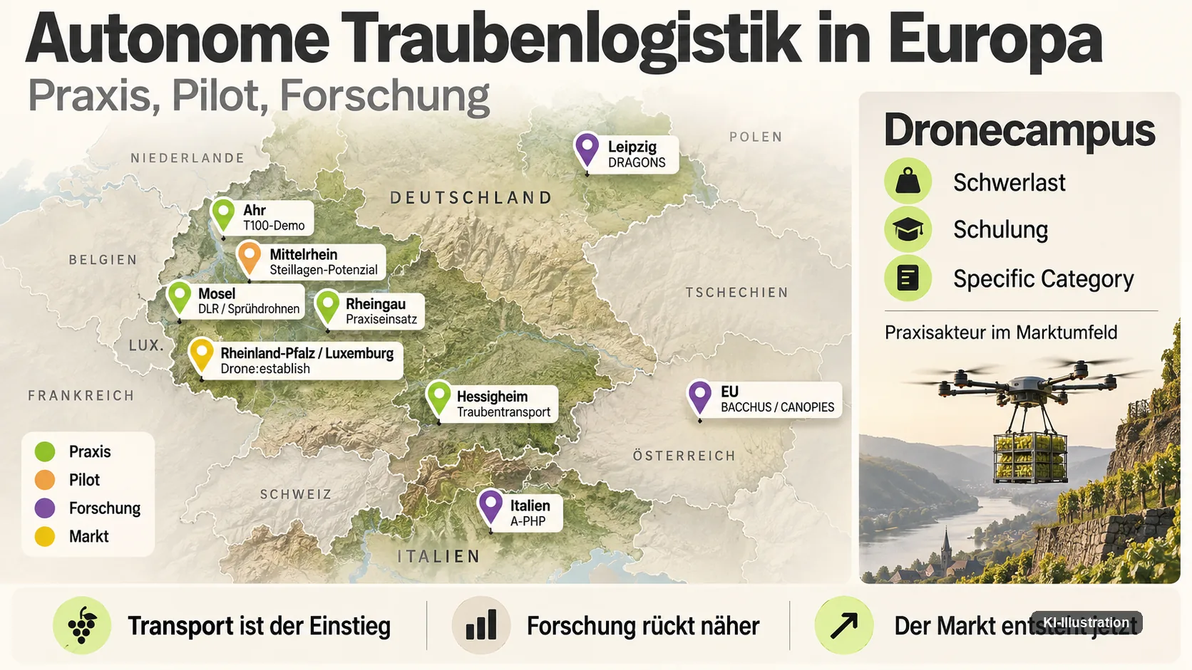Karte mit Pilot-, Praxis- und Forschungsprojekten zur autonomen Traubenlogistik in Deutschland, Italien und der EU, dazu ein Drohnencampus-Hinweis.