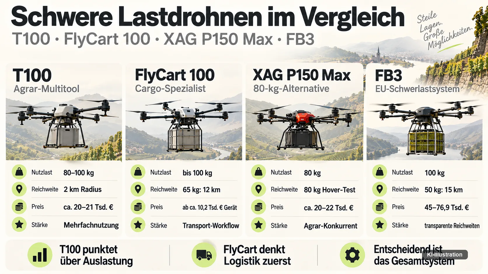 Vergleichsgrafik von DJI Agras T100, DJI FlyCart 100, XAG P150 Max und FlyingBasket FB3 mit Nutzlast, Reichweite, Preis und Stärke.
