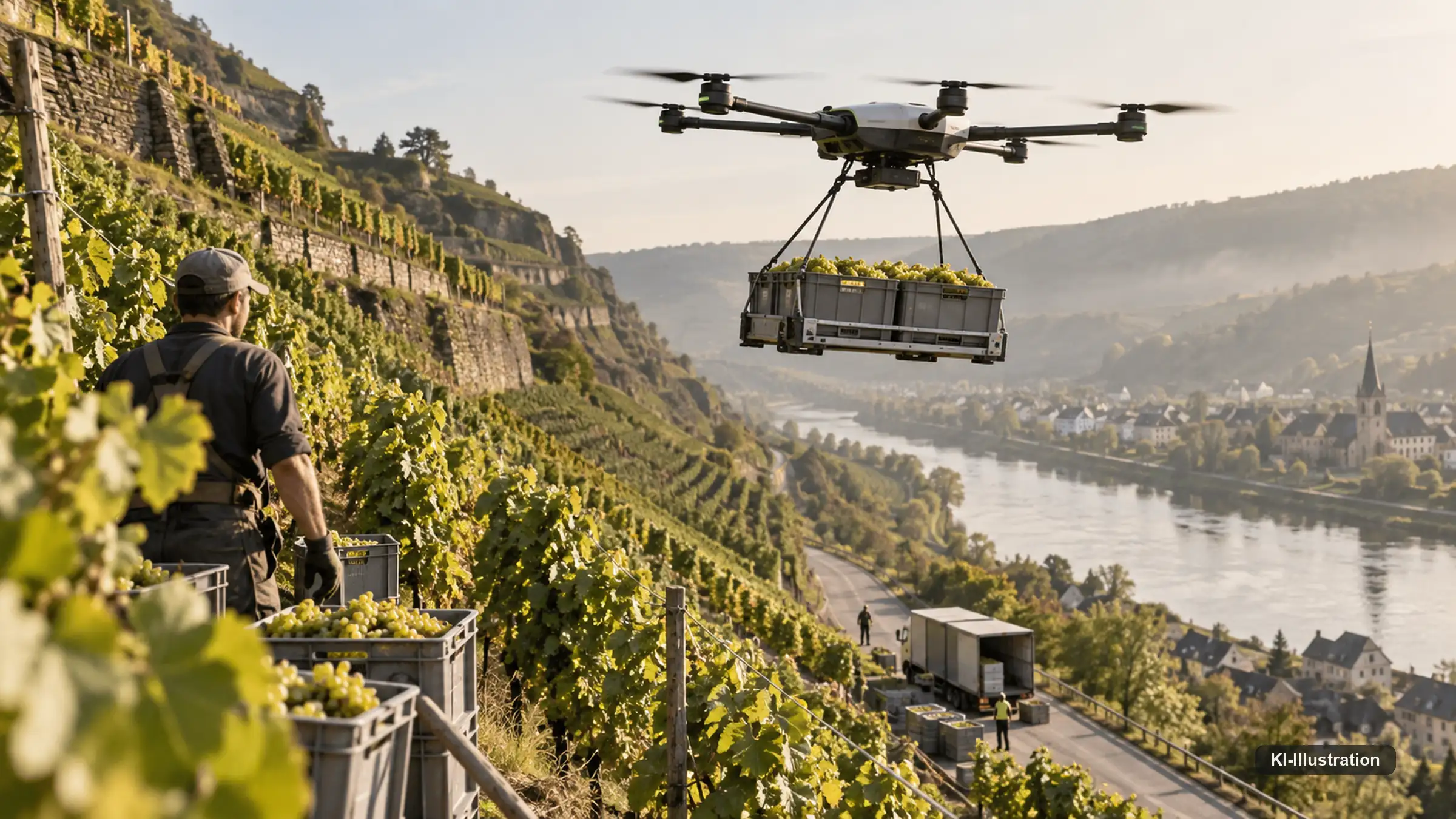 Schwerlastdrohne transportiert Traubenbehälter aus einer steilen terrassierten Weinbergslage zu einem Übergabepunkt im Tal.