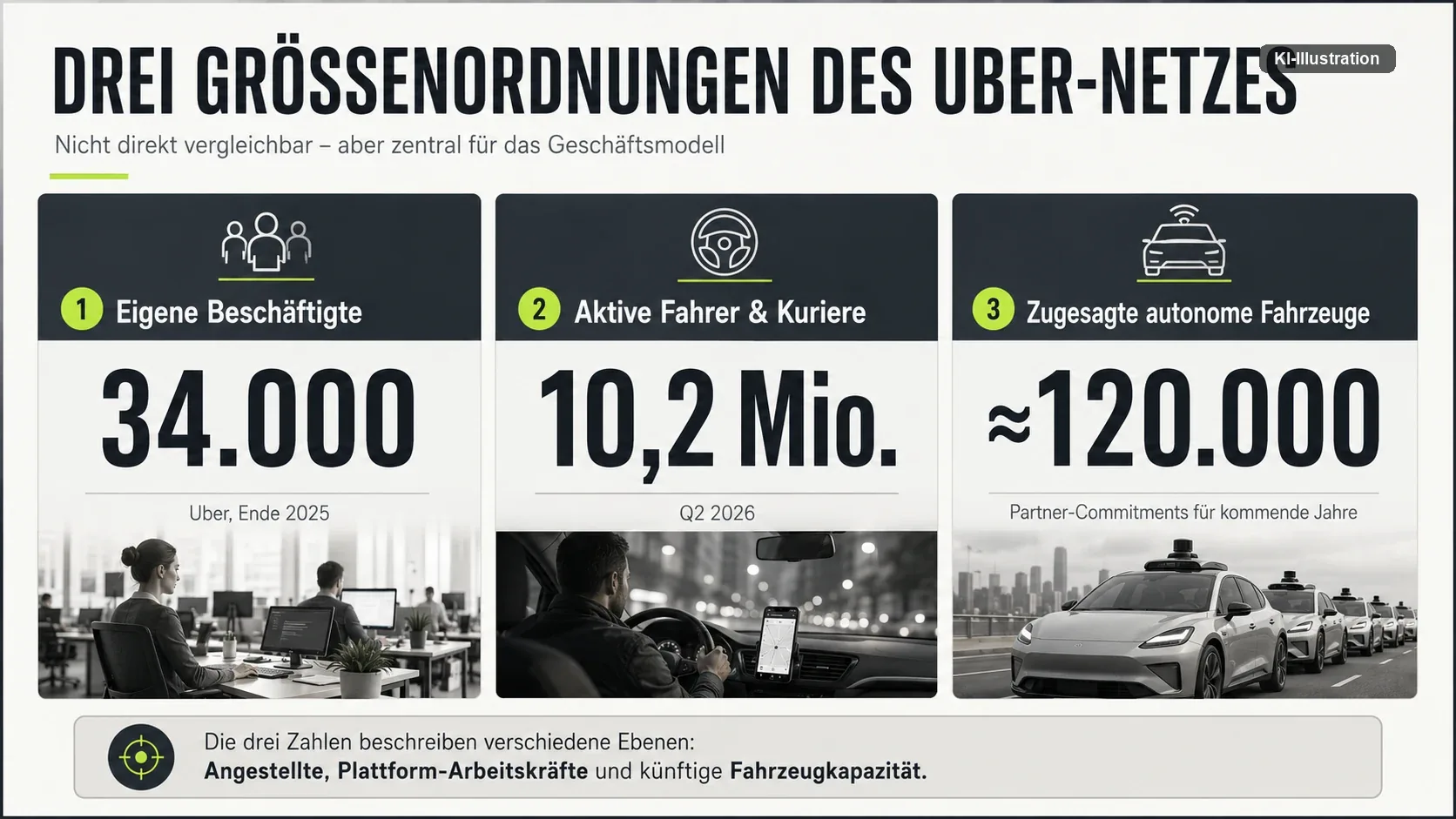 Grafik mit drei Feldern: 34.000 eigene Beschäftigte Ende 2025, 10,2 Millionen aktive Fahrer und Kuriere im zweiten Quartal 2026, rund 120.000 von Partnern zugesagte autonome Fahrzeuge für kommende Jahre.