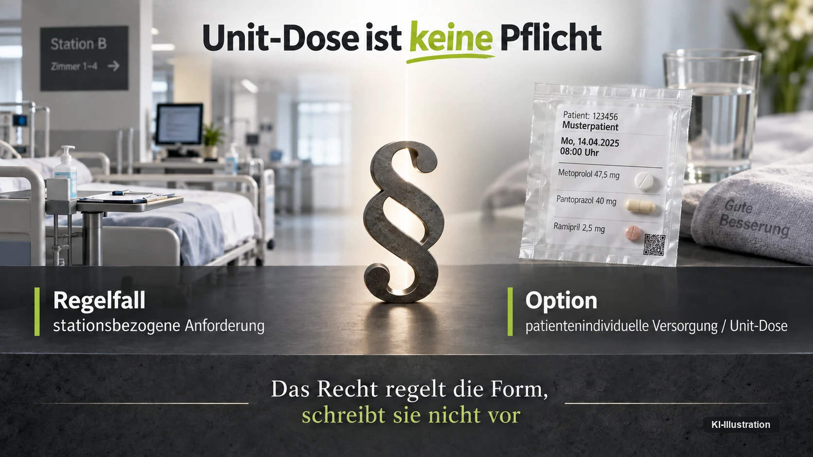Paragrafenzeichen zwischen einem Krankenzimmer und einem patientenbezogenen Arzneimittelbeutel; links der Regelfall stationsbezogene Anforderung, rechts die Option patientenindividuelle Versorgung.