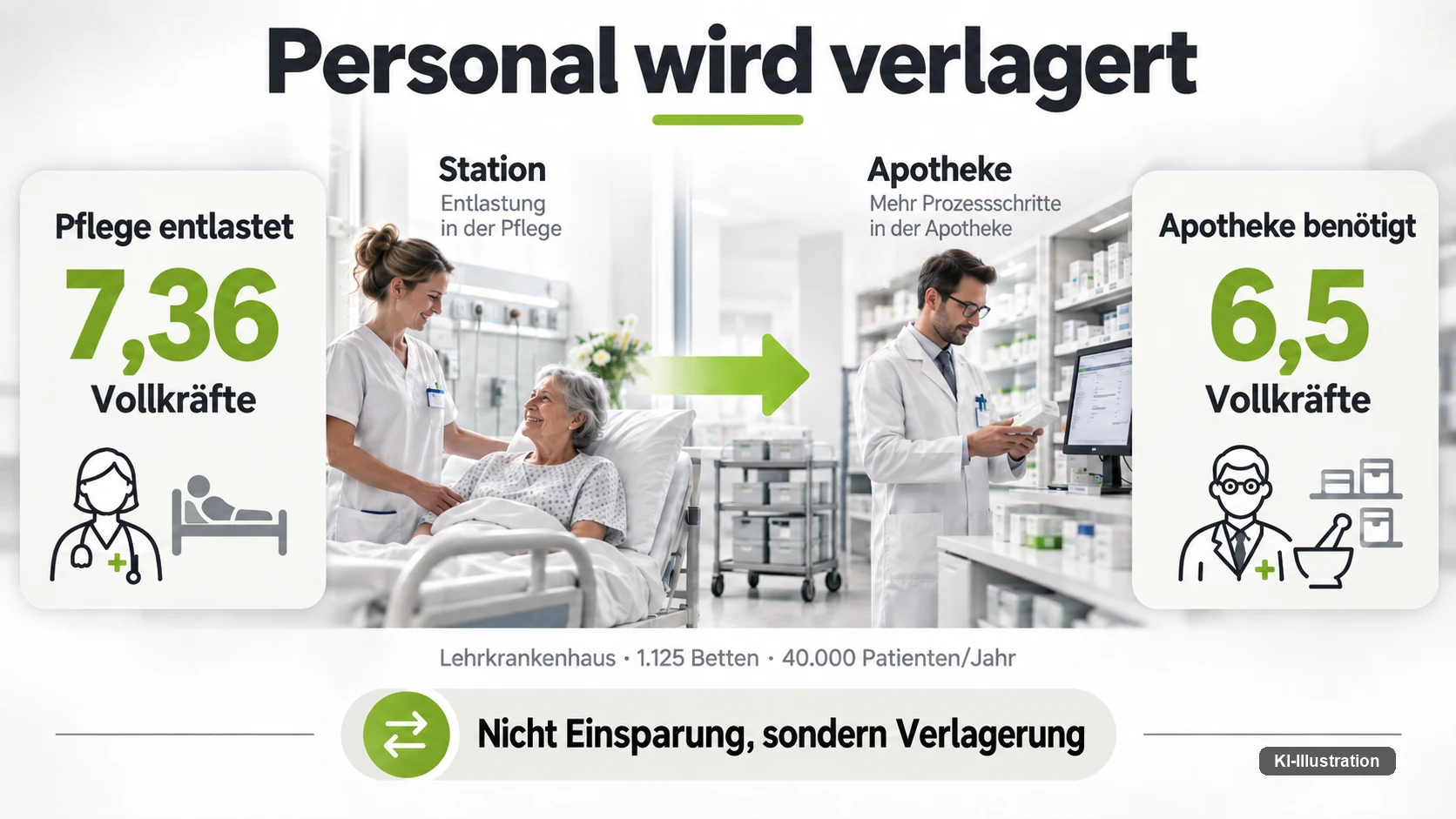 Gegenüberstellung zweier Zahlen aus einem Lehrkrankenhaus: 7,36 Vollkräfte werden in der Pflege entlastet, 6,5 Vollkräfte sind in der Krankenhausapotheke erforderlich.