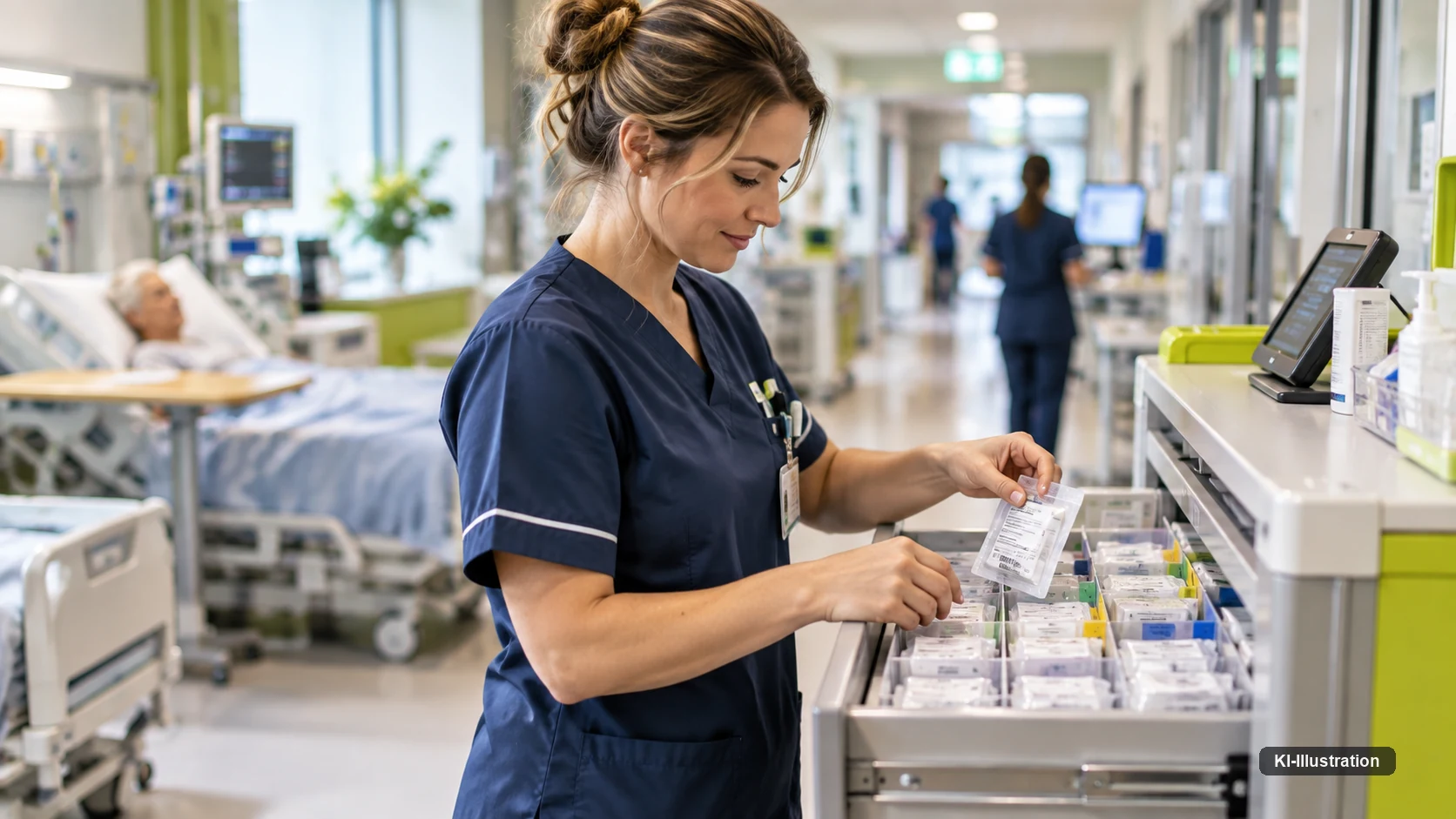 Eine Pflegekraft entnimmt am Stationswagen einen beschrifteten Arzneimittelbeutel aus einer Schublade, im Hintergrund ein Patientenzimmer.