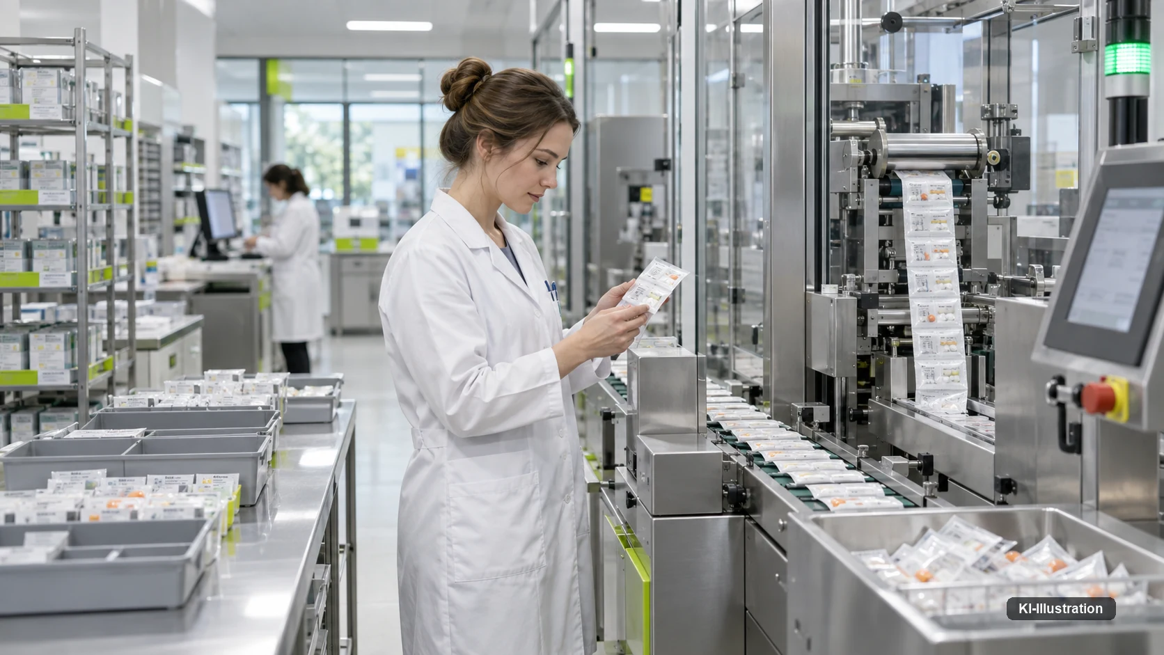 Eine Apothekerin prüft einen patientenbezogenen Arzneimittelbeutel vor einer Verblisterungsmaschine, aus der eine Beutelkette läuft; daneben Wannen mit fertigen Beuteln.