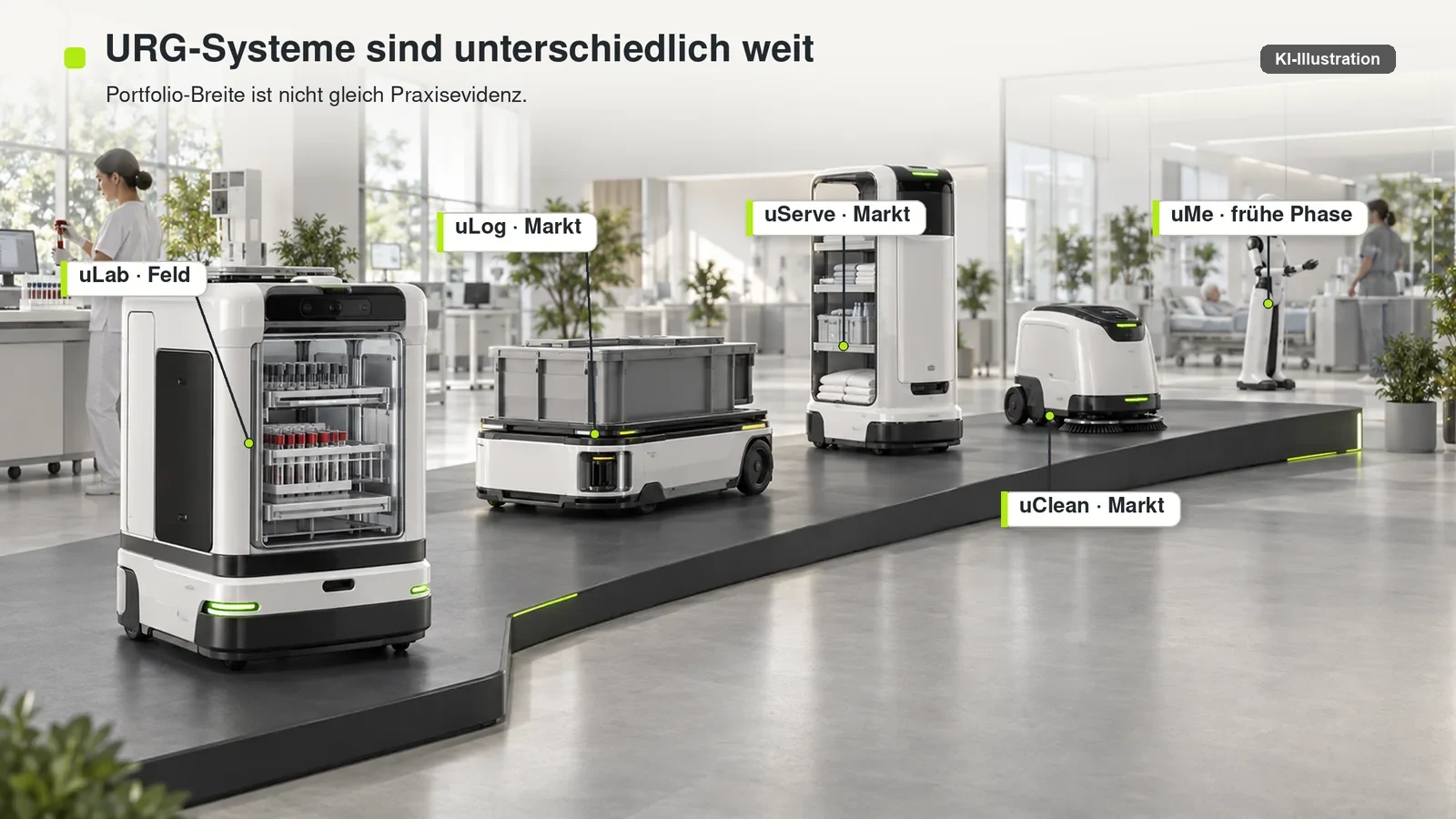 uLab, uLog, uServe, uClean und uMe stehen auf unterschiedlichen Reifestufen des URG-Portfolios.