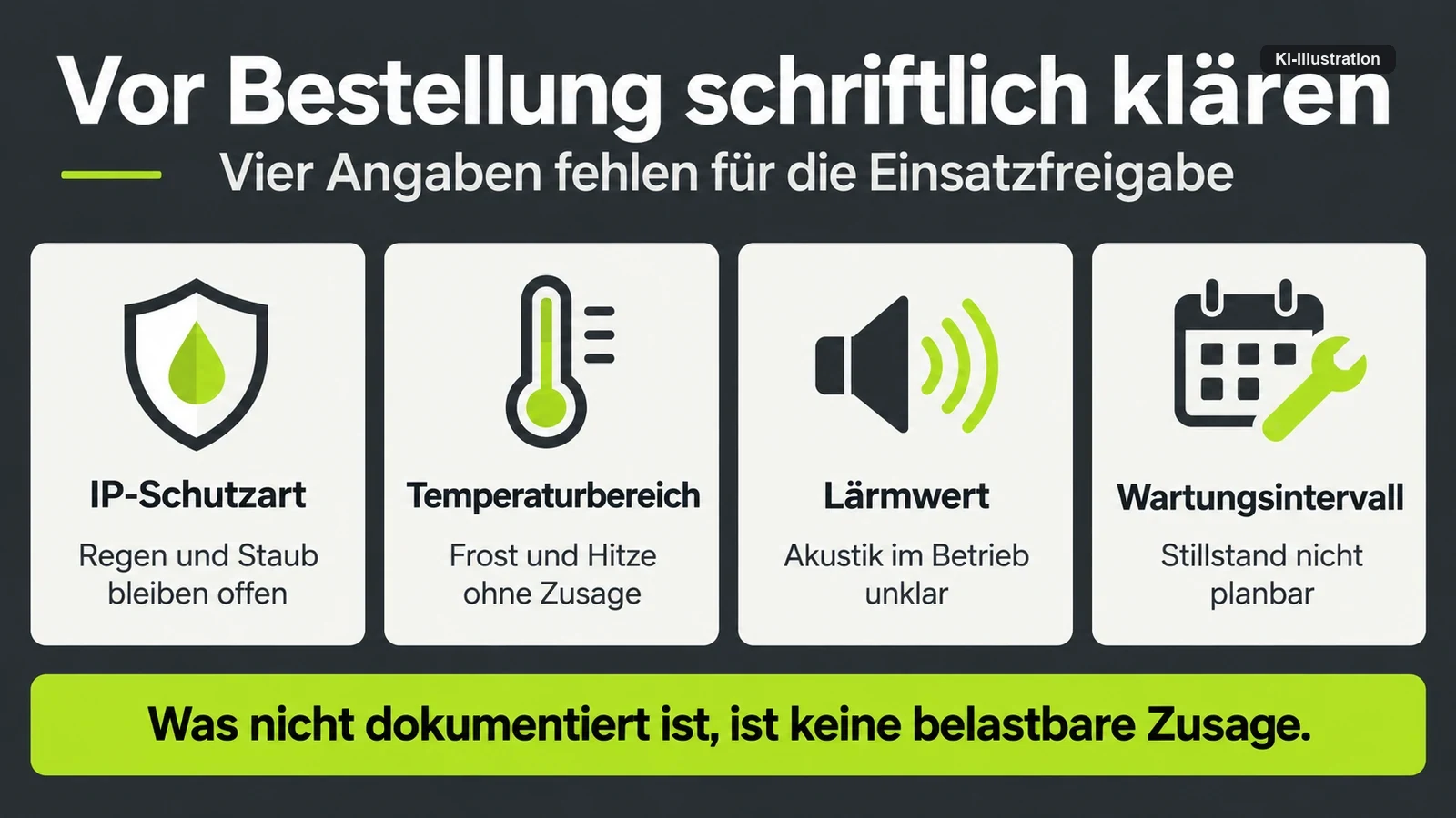 Vier Angaben, die der Hersteller auf den geprüften Seiten nicht macht: Schutzart, Temperaturbereich, Lärmwert und Wartungsintervall