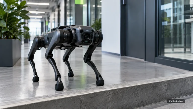 Vierbeiniger Roboter im Foyer eines Bürogebäudes, seitlich vor einer Betonstufe