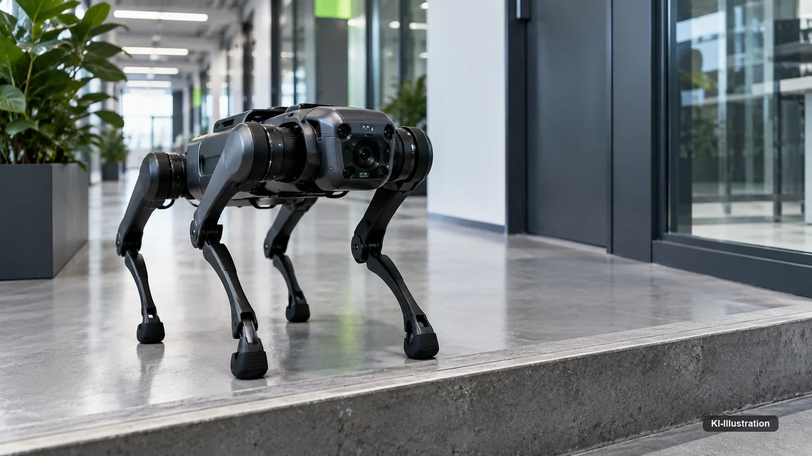 Vierbeiniger Roboter im Foyer eines Bürogebäudes, seitlich vor einer Betonstufe