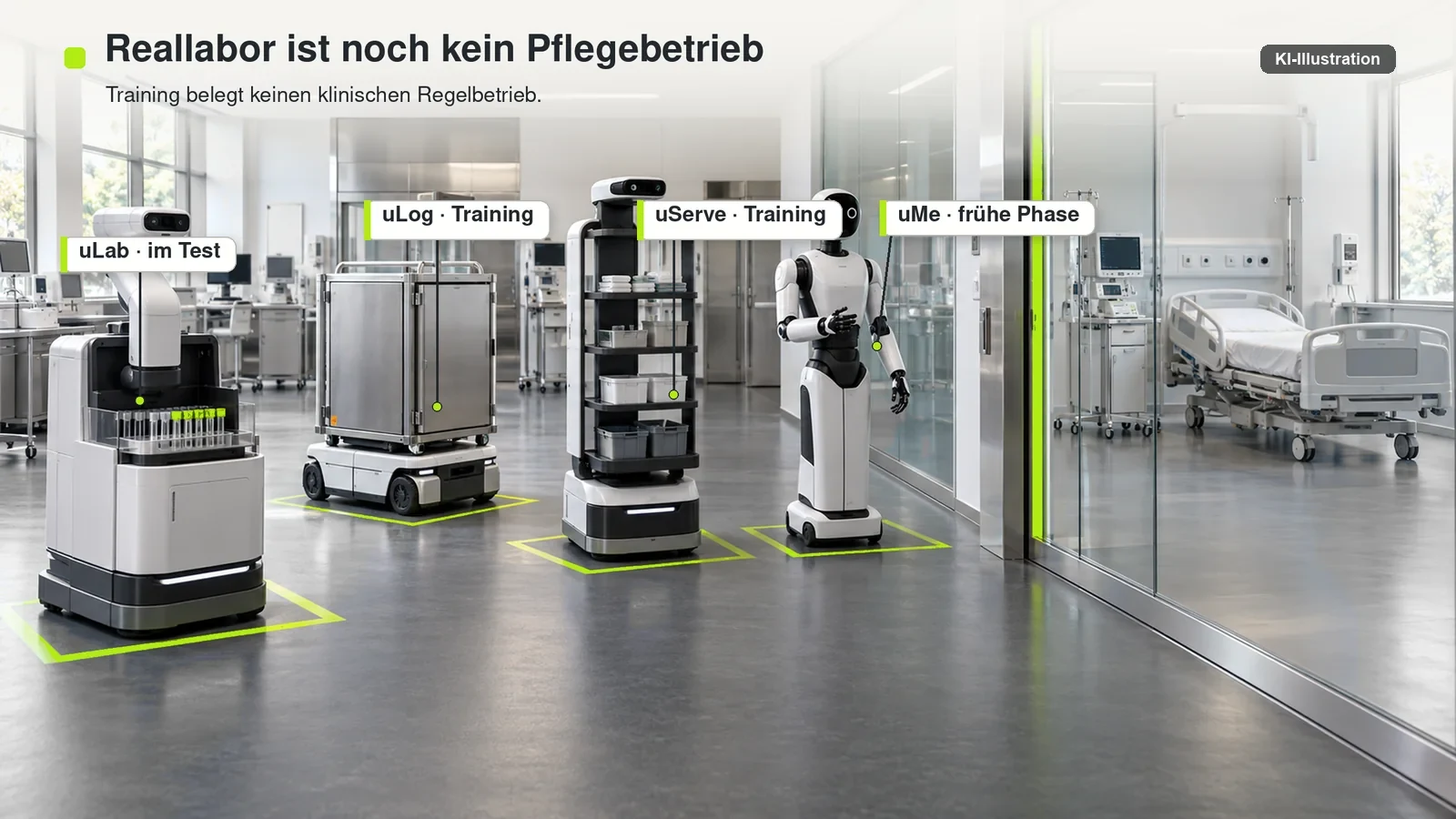 uLab, uLog, uServe und uMe werden im Trainingszentrum getestet; ein leeres Patientenzimmer liegt hinter einer Glasschwelle.