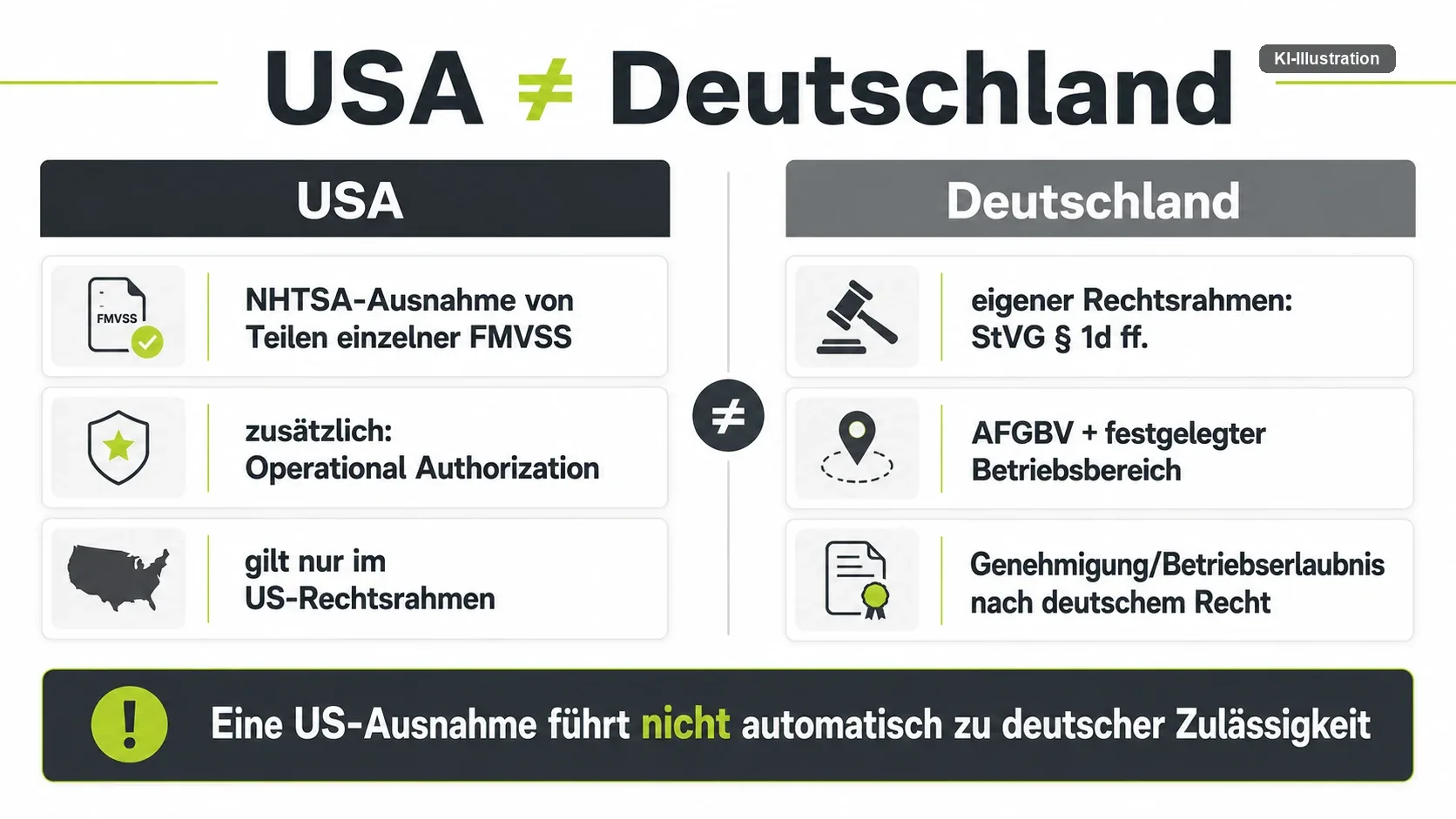 Gegenüberstellung: links NHTSA-Ausnahme von Teilen einzelner FMVSS und Operational Authorization, rechts StVG § 1d ff., AFGBV und festgelegter Betriebsbereich.