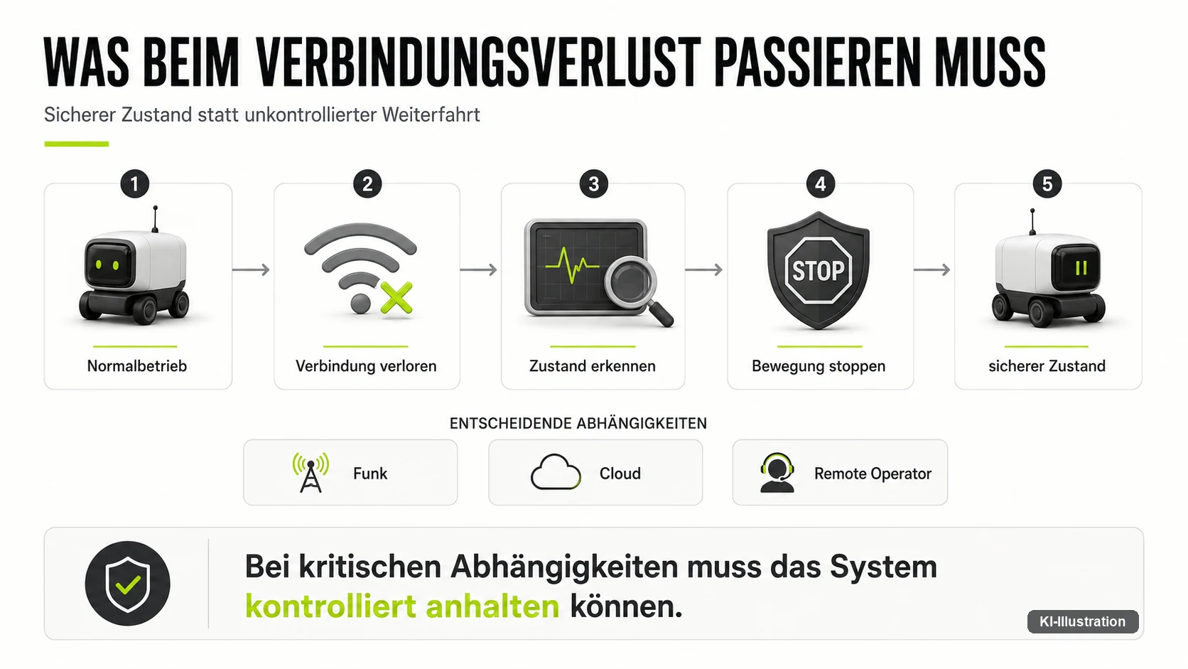 Ablauf vom Normalbetrieb über den Verbindungsverlust und das Erkennen des Zustands zum Stoppen der Bewegung und zum sicheren Zustand; darunter Funk, Cloud und Fernoperator als Abhängigkeiten.