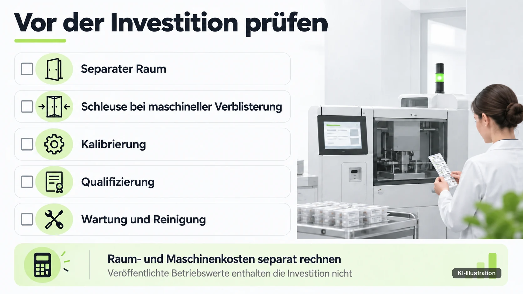 Checkliste mit fünf leeren Kästchen: separater Raum, Schleuse bei maschineller Verblisterung, Kalibrierung, Qualifizierung, Wartung und Reinigung.