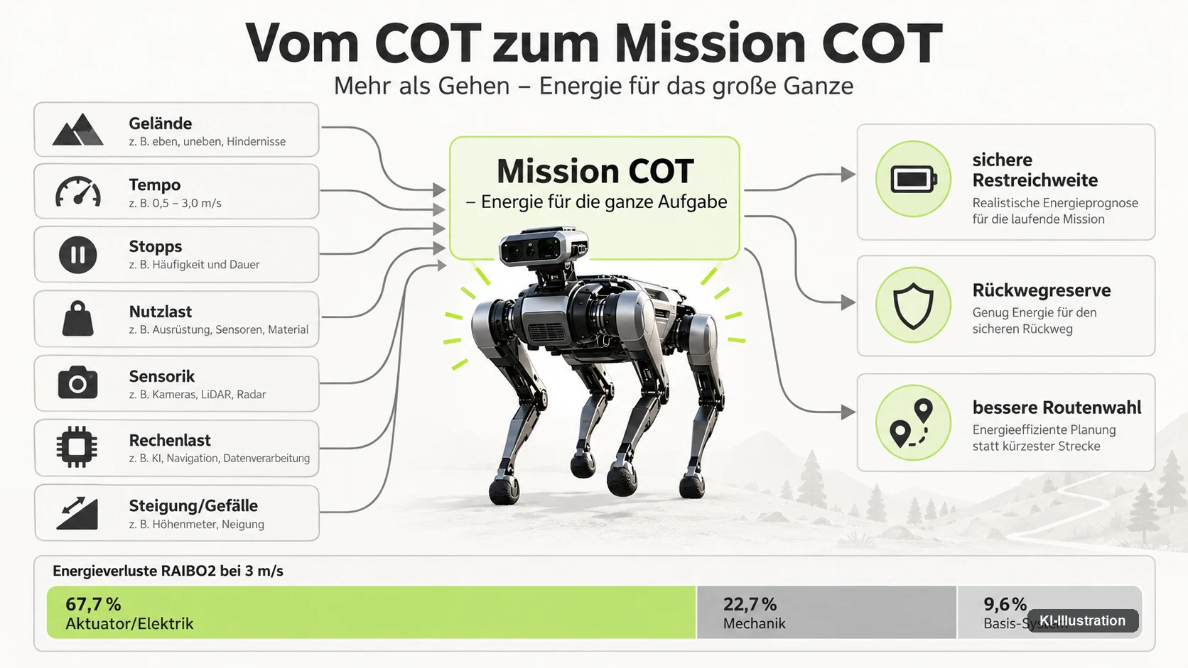 Schaubild: Gelände, Tempo, Stopps, Nutzlast, Sensorik, Rechenlast und Steigung fließen in eine Kennzahl für die ganze Aufgabe; darunter die Verlustaufteilung 67,7 Prozent Aktuator und Elektrik, 22,7 Prozent Mechanik, 9,6 Prozent Basissystem.