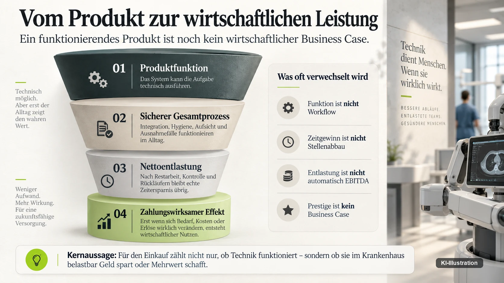 Vierstufiges Schaubild: Produktfunktion, sicherer Gesamtprozess, Nettoentlastung, zahlungswirksamer Effekt — daneben vier häufige Verwechslungen.