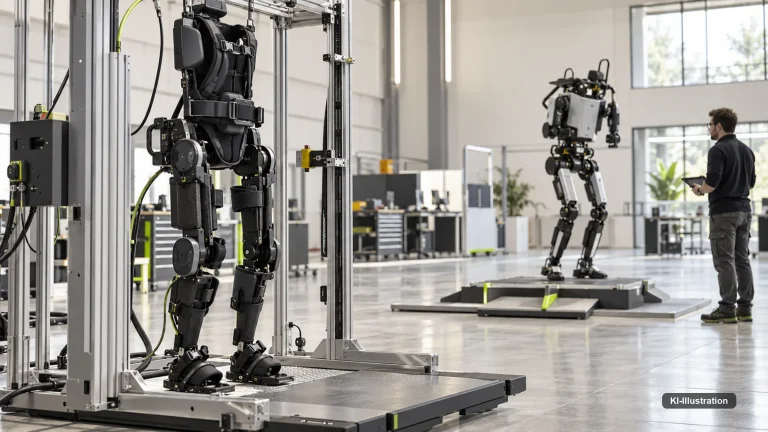 Person geht in einem selbstbalancierenden Exoskelett ohne Stützhilfe durch einen Therapieraum.