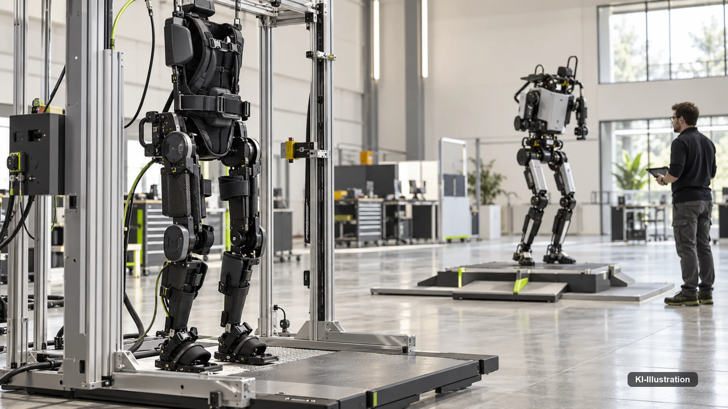 Person geht in einem selbstbalancierenden Exoskelett ohne Stützhilfe durch einen Therapieraum.