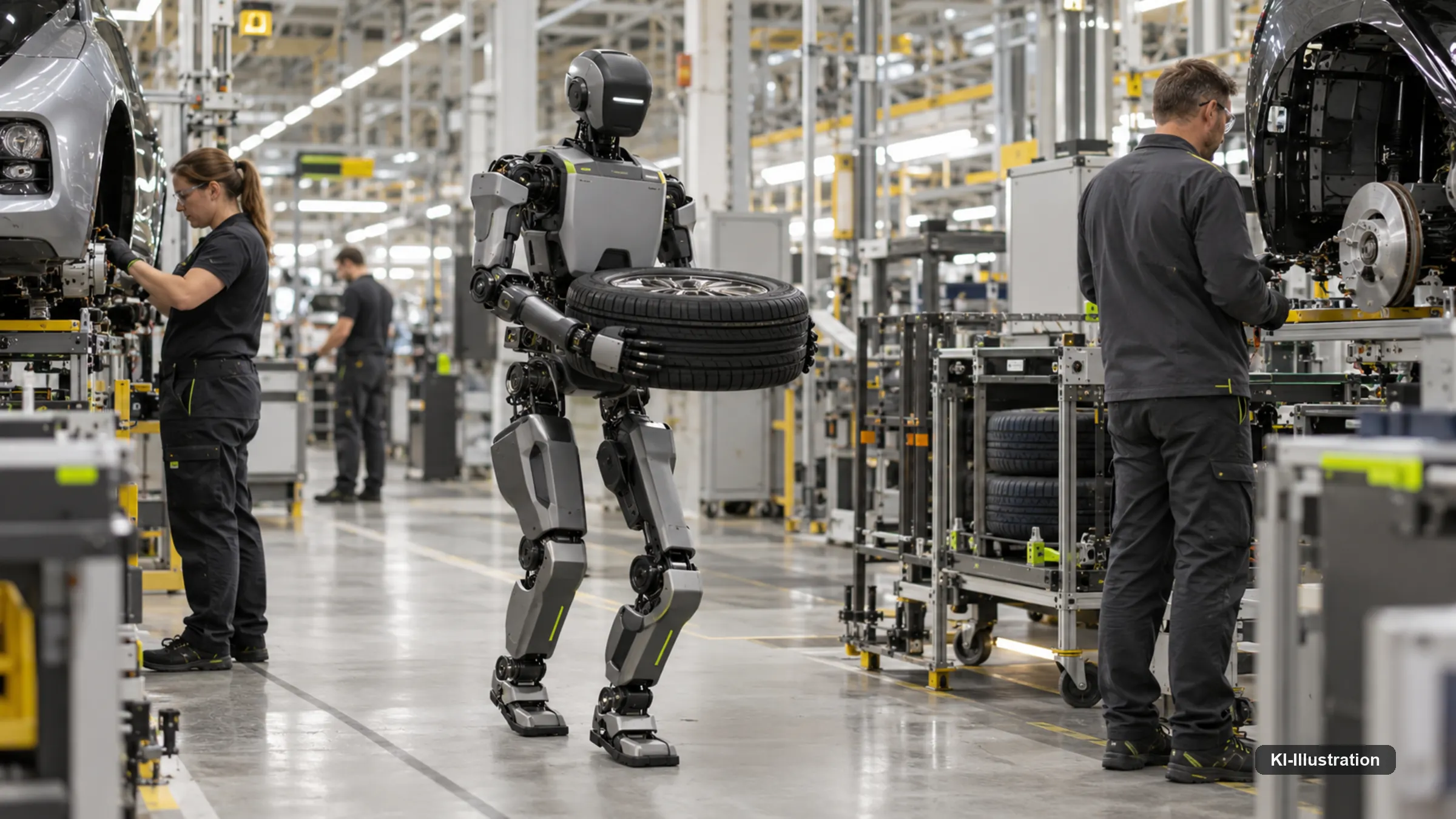 Humanoider Roboter arbeitet an einer Fertigungsstation, ein Werker beobachtet aus sicherer Entfernung.