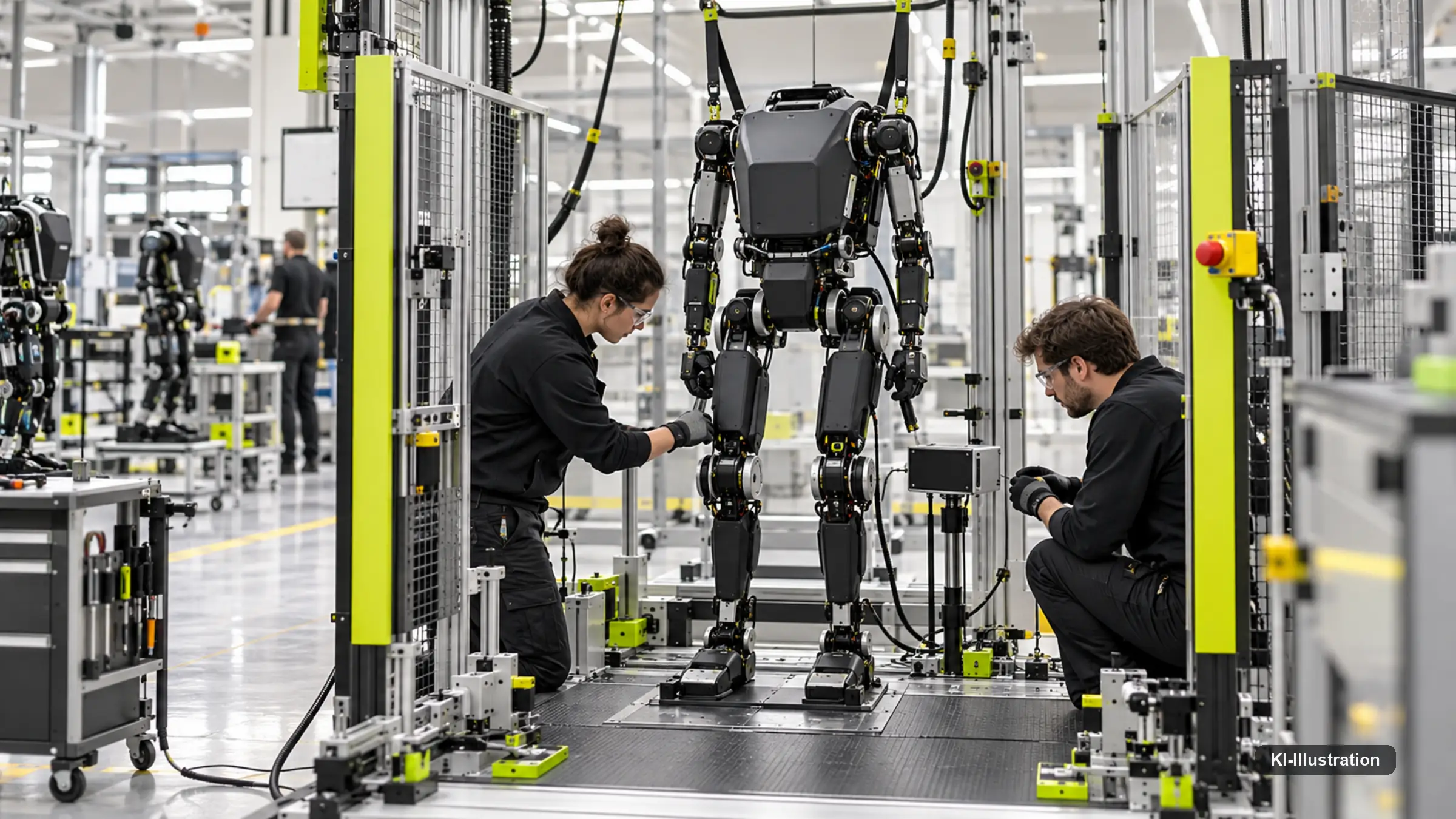 Mehrere gleiche Roboter stehen in einer Vormontage, daneben Prüf- und Abnahmeplätze.