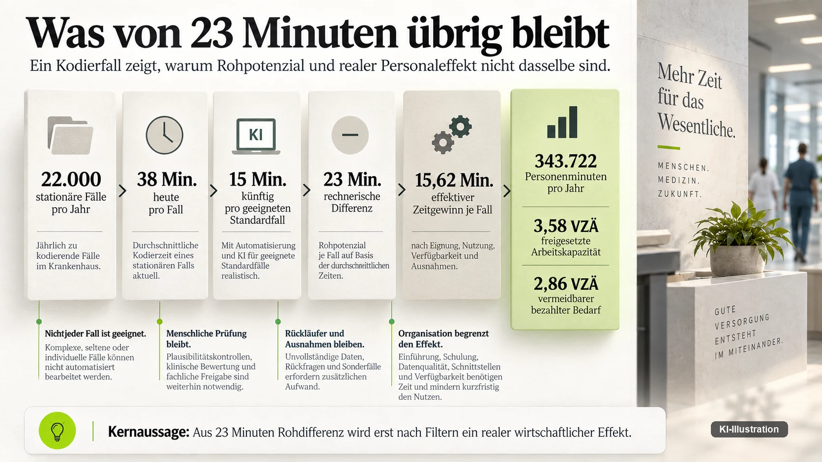 Schaubild zur Kodierungsrechnung: 22.000 Fälle, heute 38 Minuten, künftig 15 Minuten, 23 Minuten rechnerische Differenz, davon 15,62 Minuten effektive Entlastung, zusammen 343.722 Personenminuten im Jahr.