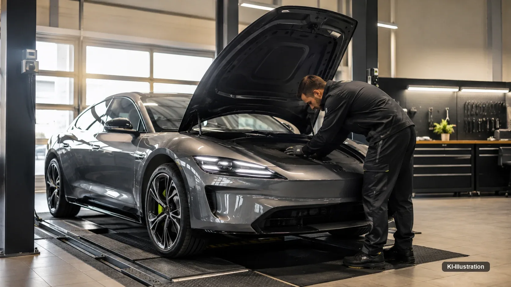 Graue Elektrolimousine mit geöffneter Fronthaube auf einer Hebebühne; ein Mechaniker in dunkler Arbeitskleidung beugt sich über den Vorderwagen.