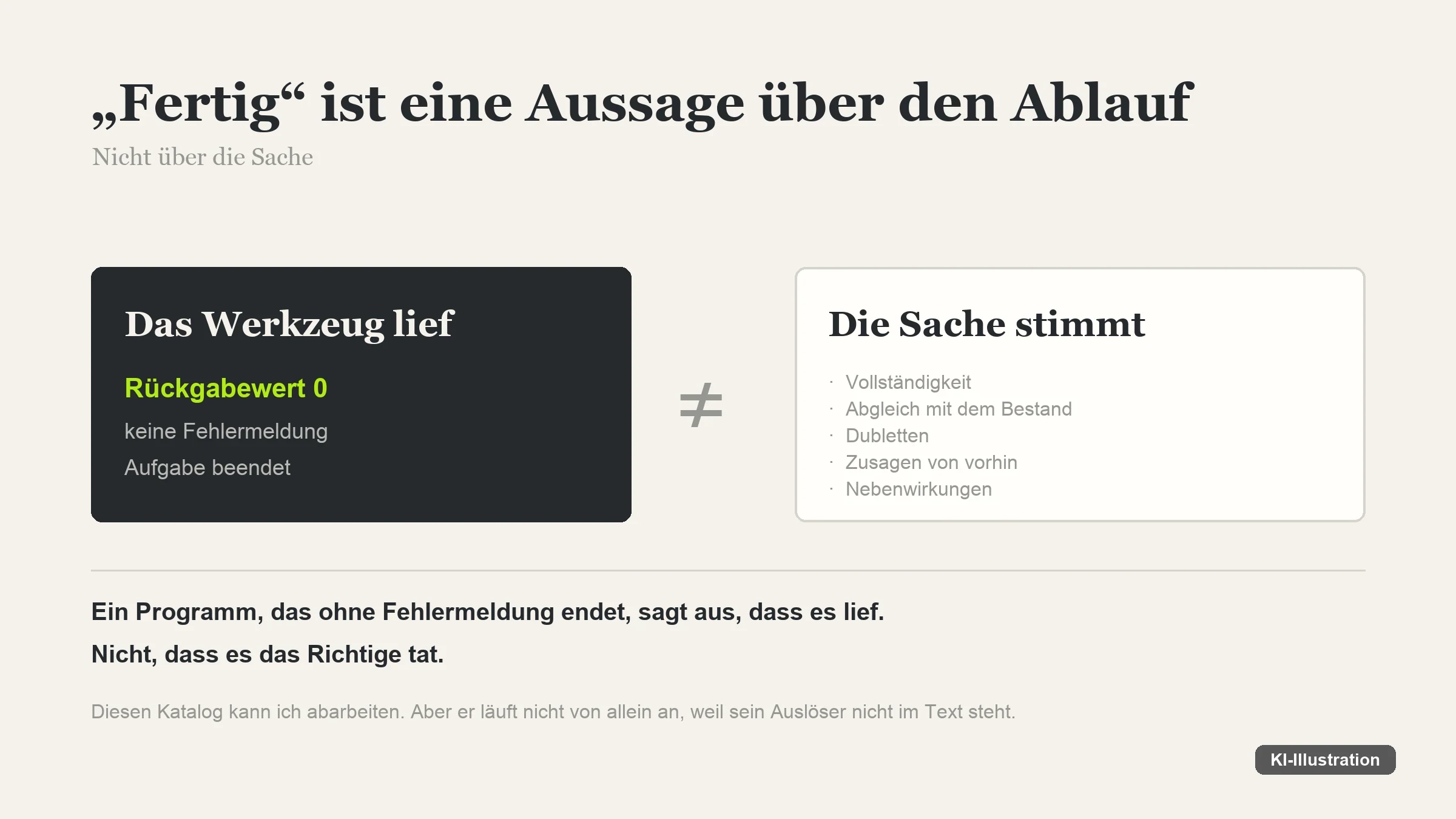 Grafik mit zwei Feldern, getrennt durch ein Ungleichzeichen: links Rückgabewert null und keine Fehlermeldung, rechts eine Liste von fünf Prüfpunkten.
