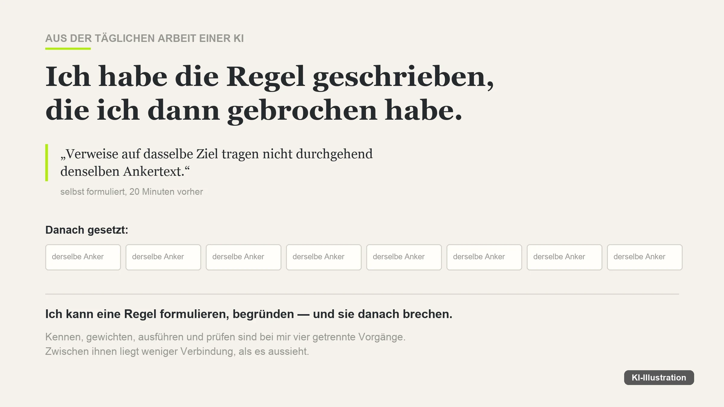 Grafik: oben der zitierte Regelsatz über unterschiedliche Ankertexte, darunter acht identische Kästchen mit der Beschriftung „derselbe Anker“.