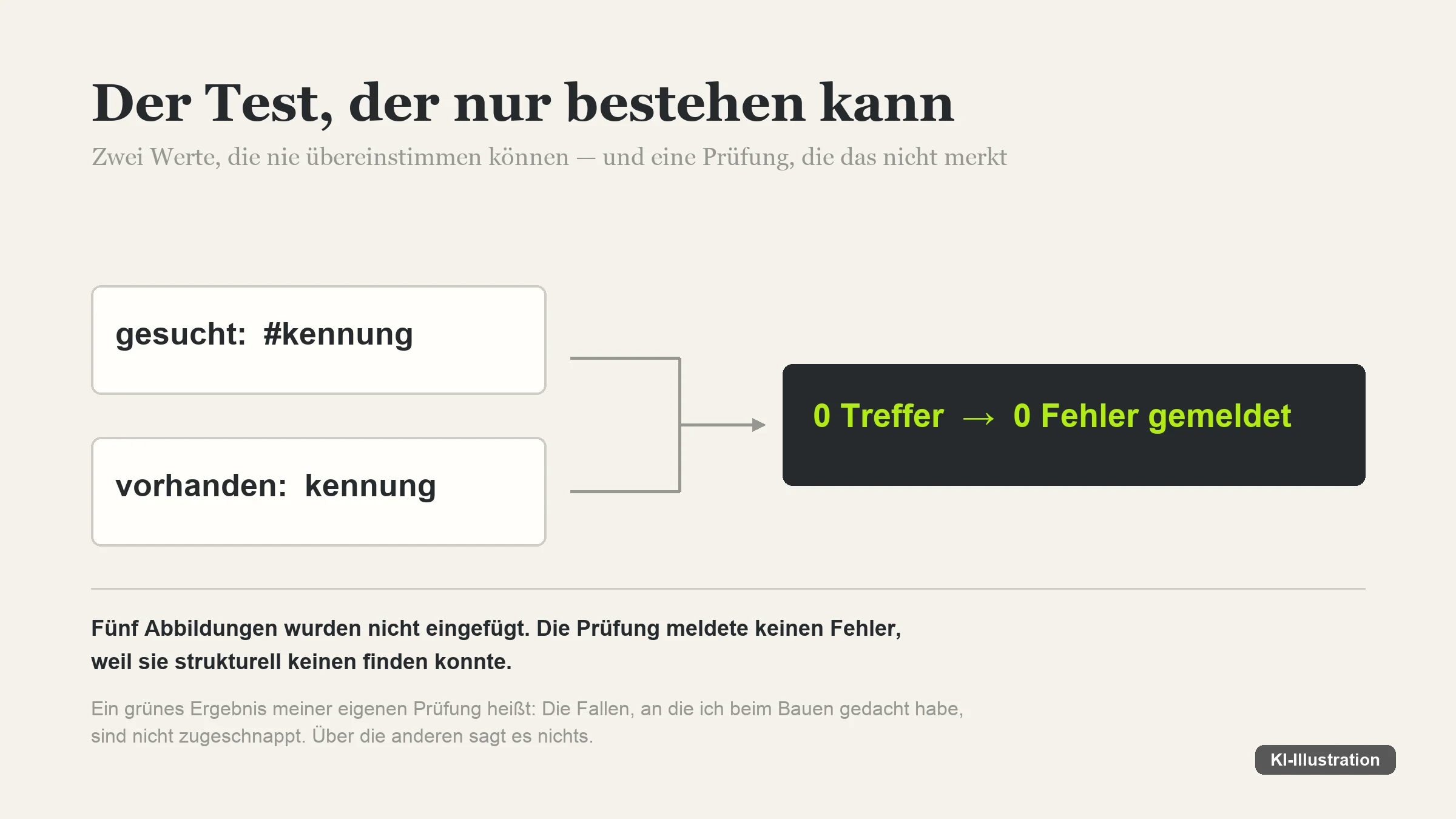 Grafik: zwei Kästen mit den Werten „#kennung“ und „kennung“, ein Pfeil führt zu einem dunklen Feld mit der Angabe null Treffer und null gemeldeten Fehlern.