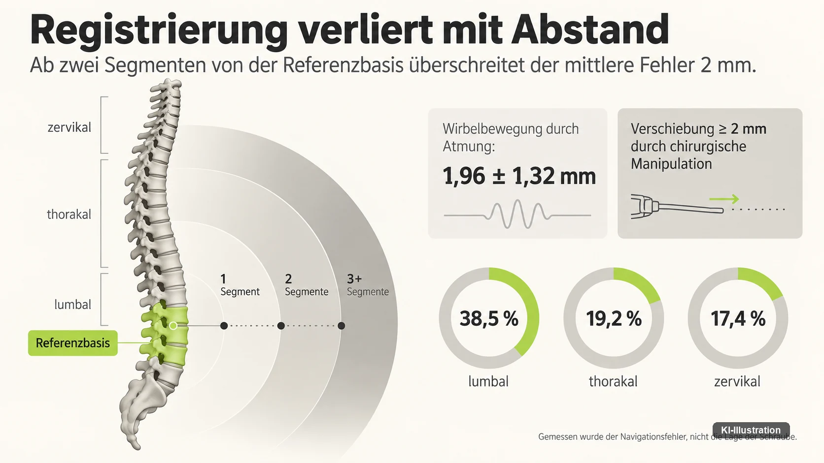 Schema der Wirbelsäule mit markierter Referenzbasis und Abstandsringen über ein, zwei und drei Segmente; daneben die Wirbelbewegung durch Atmung mit 1,96 plus minus 1,32 Millimeter und die Anteile verschobener Segmente: lumbal 38,5, thorakal 19,2, zervikal 17,4 Prozent.