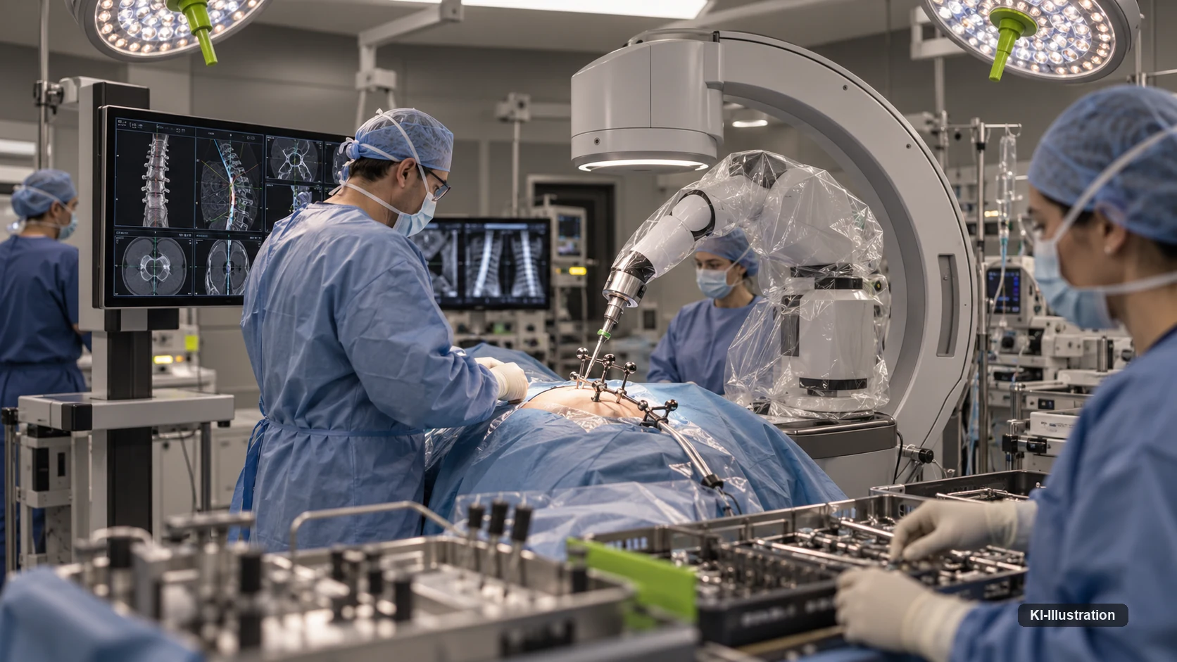 Operationssaal mit ringförmigem Bildgebungssystem, steril abgedecktem Roboterarm und Referenzstern am Patienten; links ein Monitor mit Planungsansichten der Wirbelsäule.