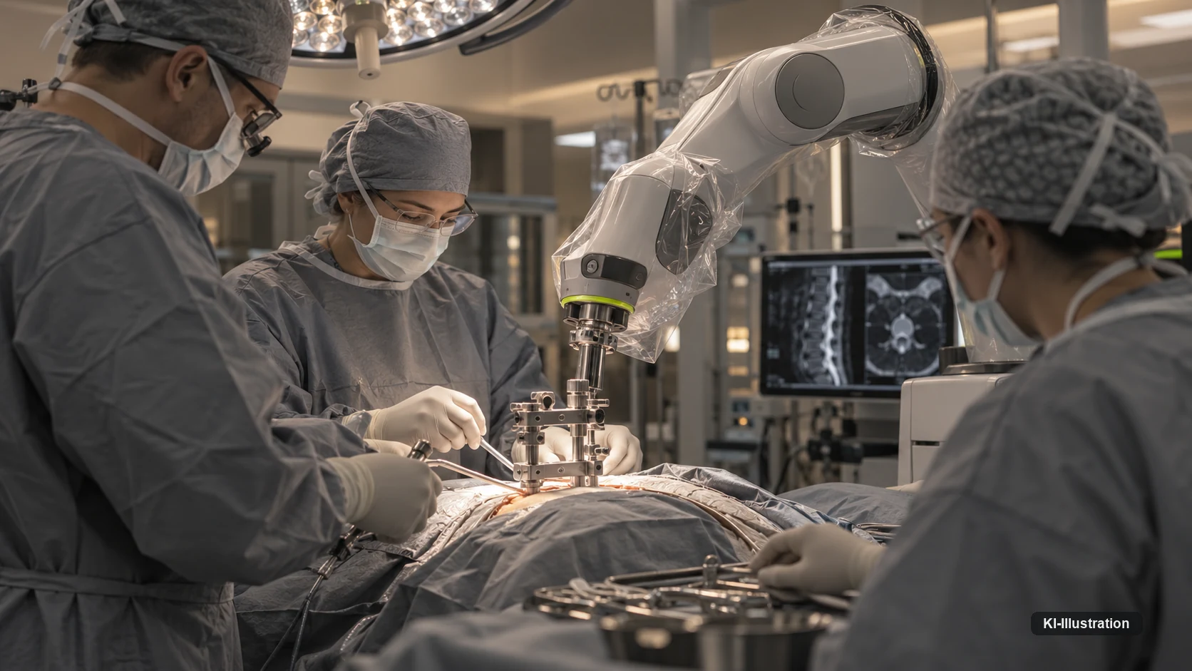 Operationssaal für Wirbelsäulenchirurgie: Ein steril abgedeckter Roboterarm steht über dem Situs, zwei Operateure arbeiten am Tisch, auf dem Monitor Schnittbilder der Lendenwirbelsäule.