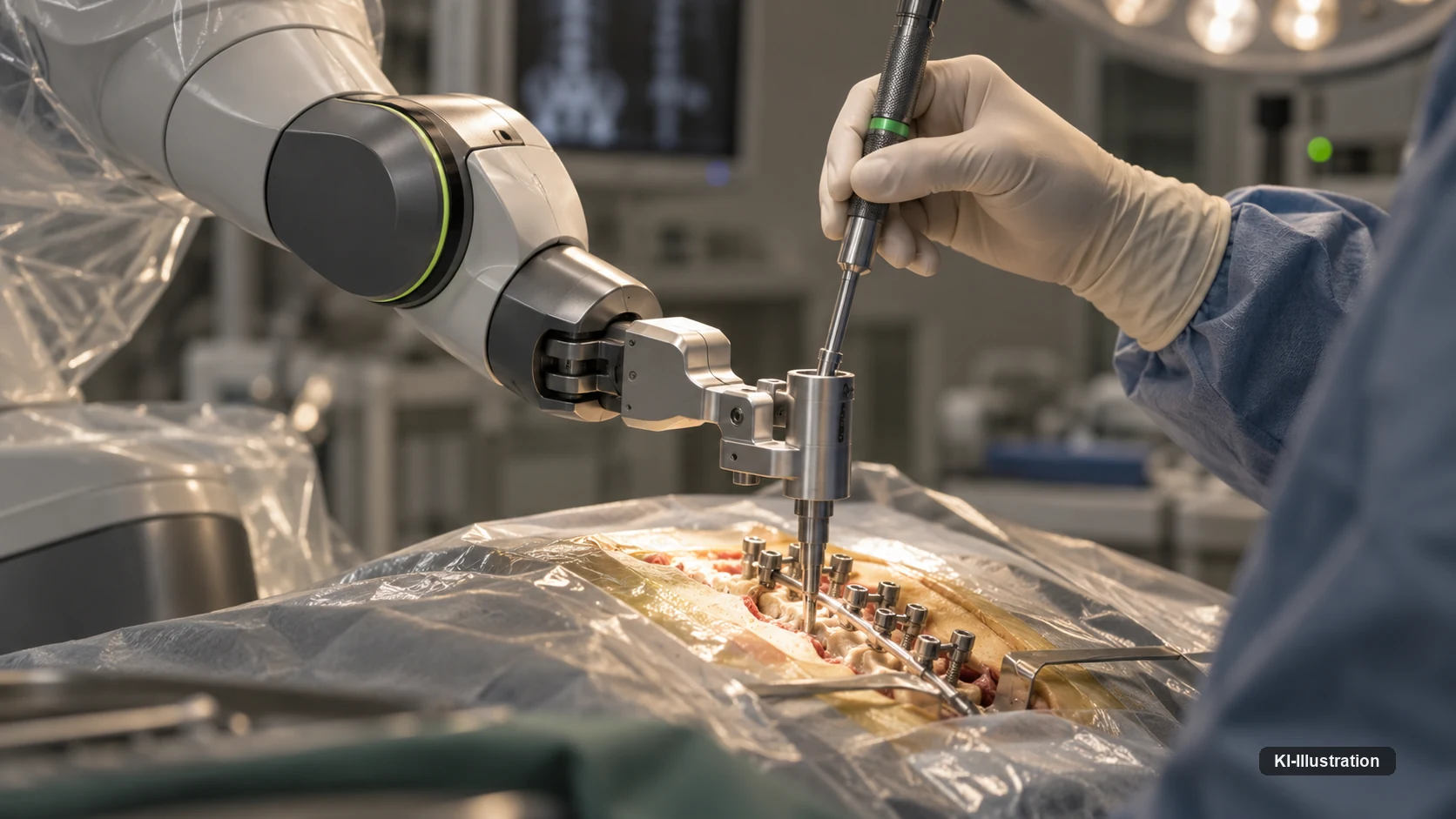 Nahaufnahme am Situs: Der Roboterarm hält eine Führungshülse über der Wirbelsäule, eine behandschuhte Hand führt ein Instrument durch die Hülse, daneben bereits gesetzte Schrauben.