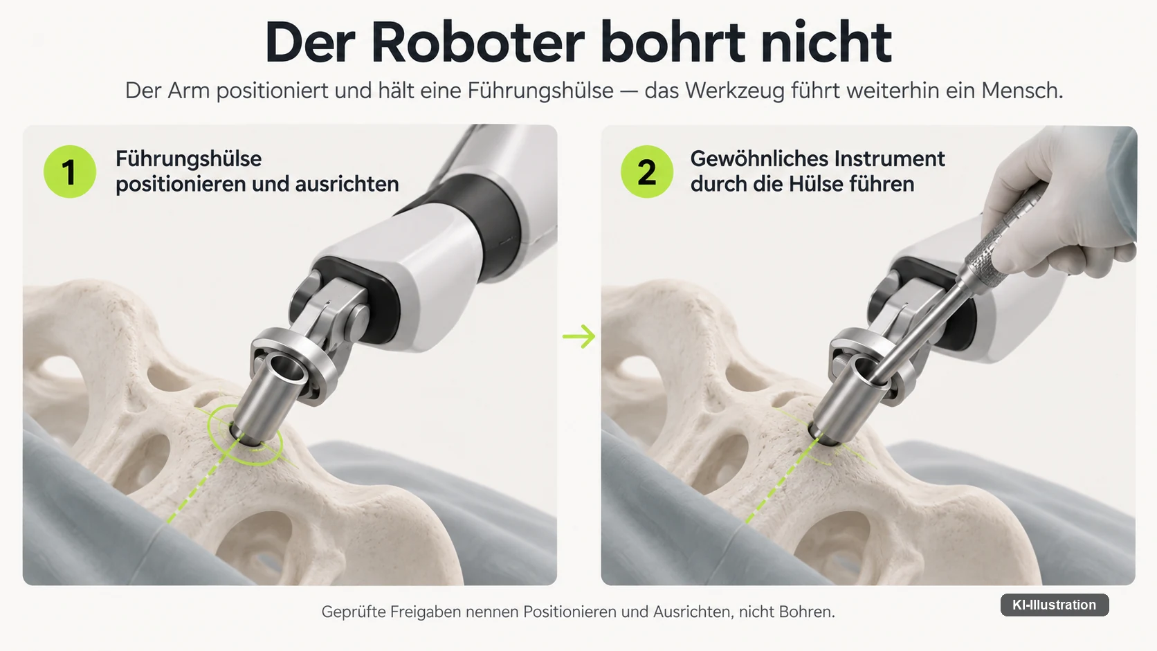 Zwei Schritte nebeneinander: Der Roboterarm positioniert und richtet eine Führungshülse an einem Wirbelkörper aus, danach führt eine Hand ein gewöhnliches Instrument durch die Hülse.