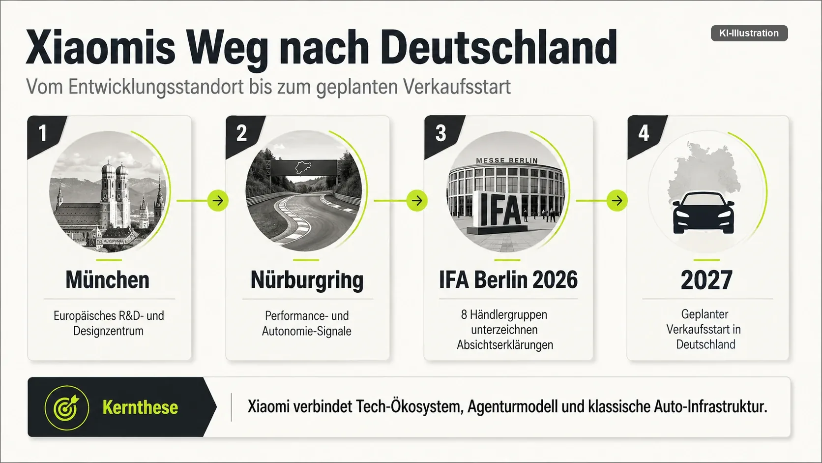 Zeitleiste mit vier Feldern: München als europäisches Entwicklungs- und Designzentrum, Nürburgring für Performance- und Autonomie-Signale, IFA Berlin 2026 mit acht Handelsgruppen und Absichtserklärungen, 2027 als geplanter Verkaufsstart.