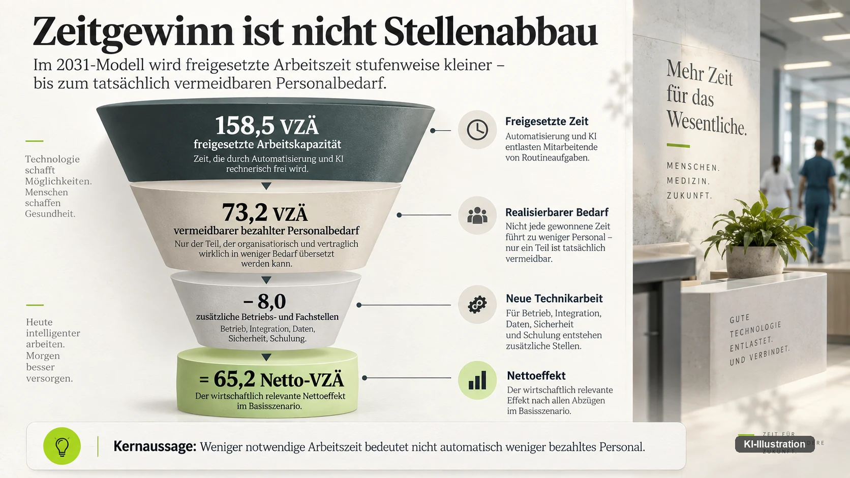 Trichterschaubild: 158,5 freigesetzte Vollzeitäquivalente, davon 73,2 vermeidbarer bezahlter Personalbedarf, minus 8,0 neue Betriebs- und Fachstellen, ergibt 65,2 Netto-Vollzeitäquivalente.