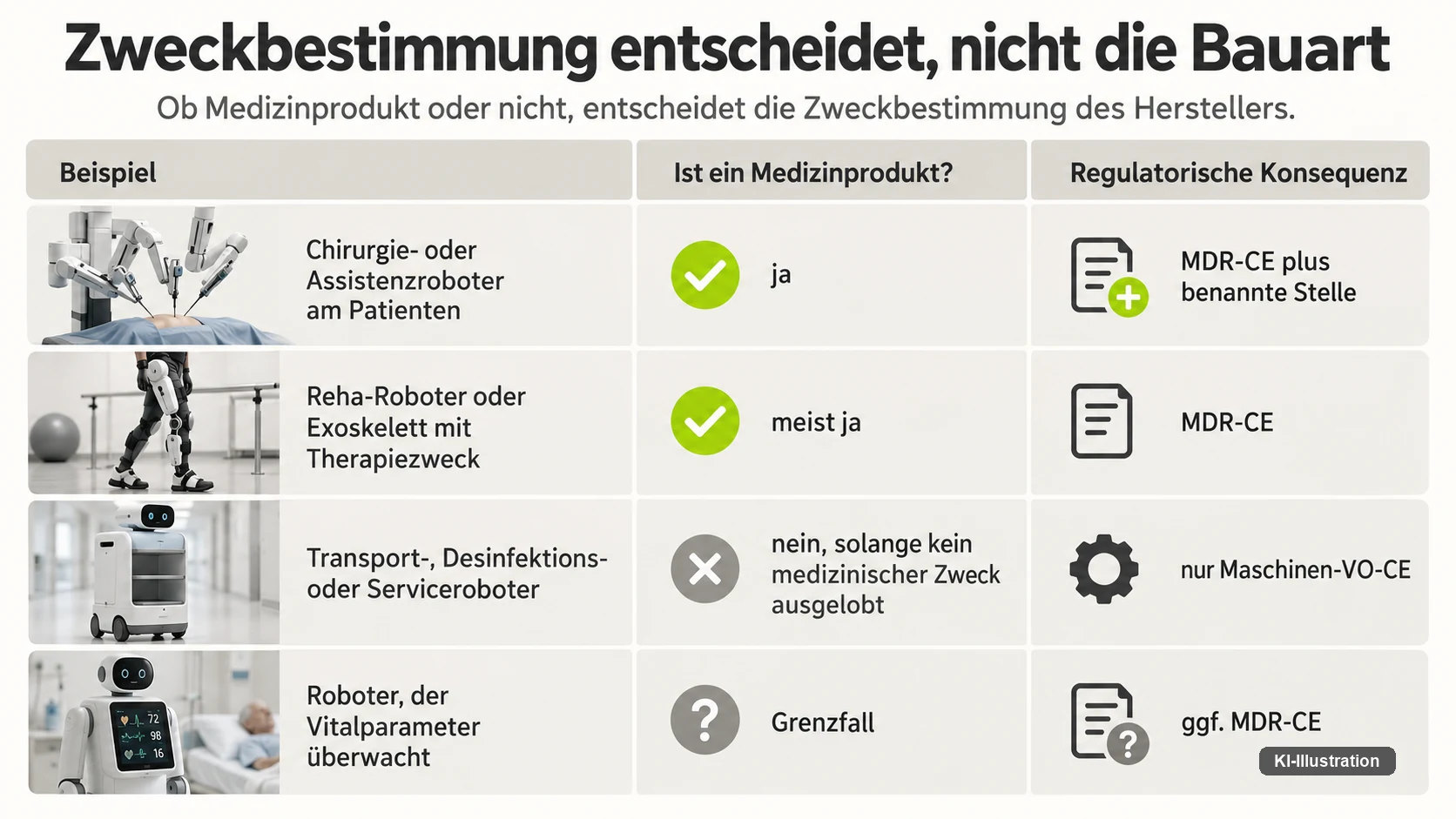 Tabelle mit vier Robotertypen und ihrer regulatorischen Folge: Chirurgie- oder Assistenzroboter am Patienten ja mit MDR-CE plus benannter Stelle, Reha-Roboter oder Exoskelett mit Therapiezweck meist ja mit MDR-CE, Transport- oder Serviceroboter nein solange kein medizinischer Zweck ausgelobt mit nur Maschinen-VO-CE, Roboter zur Überwachung von Vitalparametern Grenzfall mit gegebenenfalls MDR-CE.